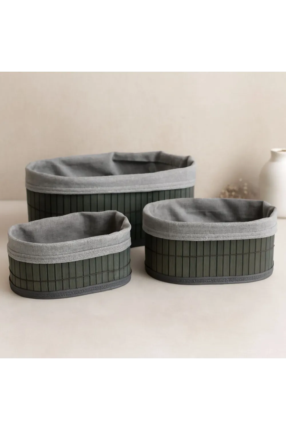 Oval Bambu Kenarlı 3lü Organizer Sepet Seti - Gri