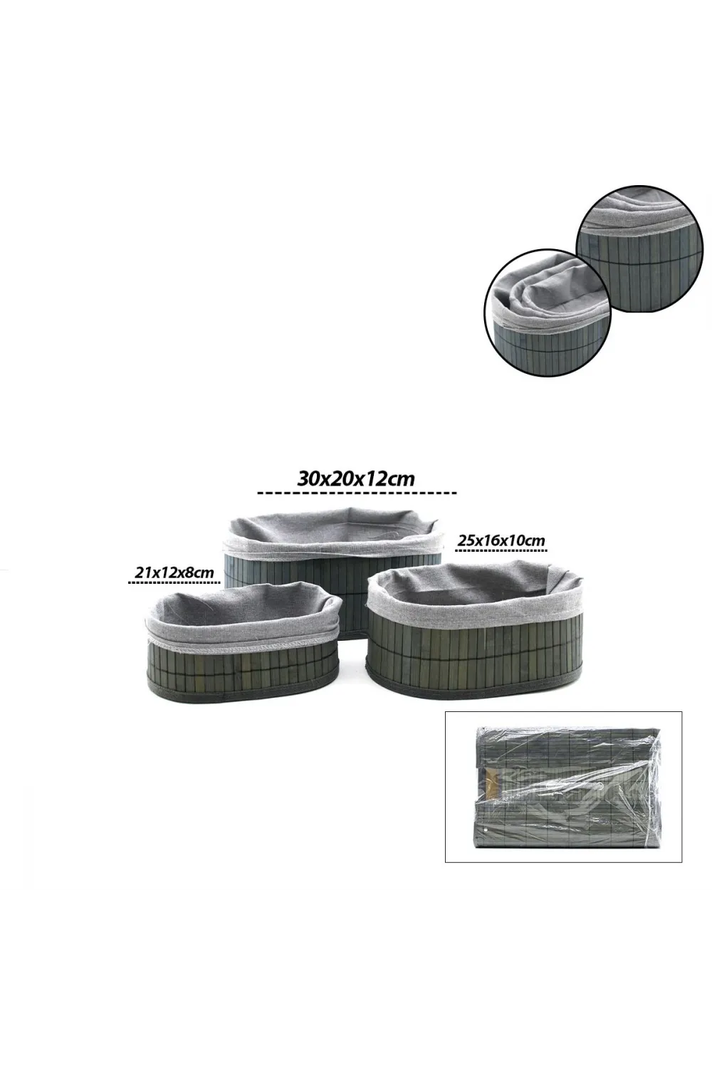 Oval Bambu Kenarlı 3lü Organizer Sepet Seti - Gri