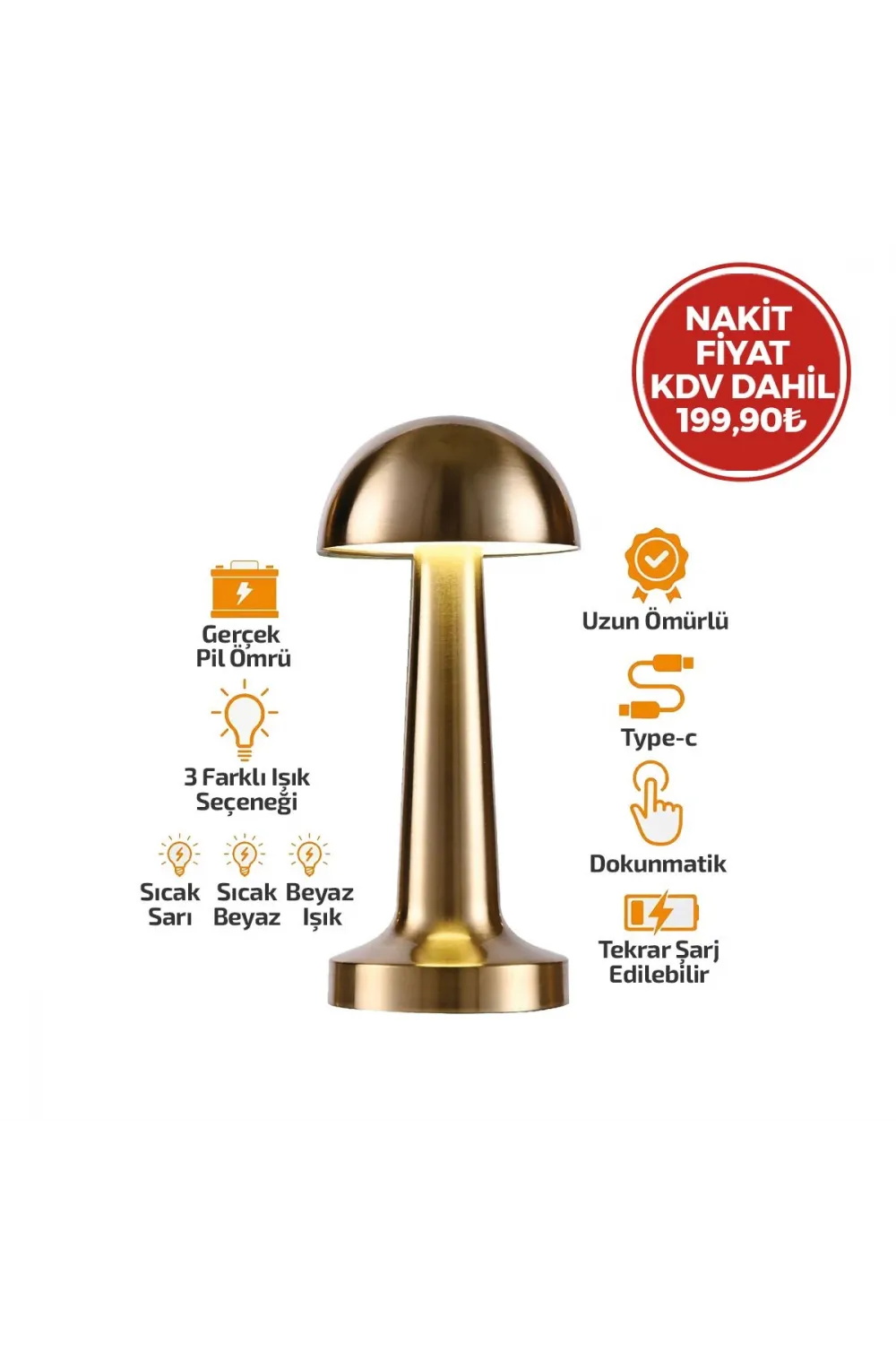Oval Metal Mantar Masa Lambası - Dokunmatik Type-C 3 Mod