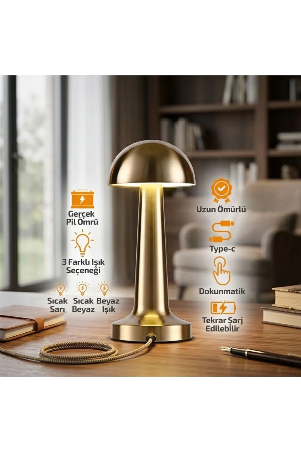 Oval Metal Mantar Masa Lambası - Dokunmatik Type-C 3 Mod