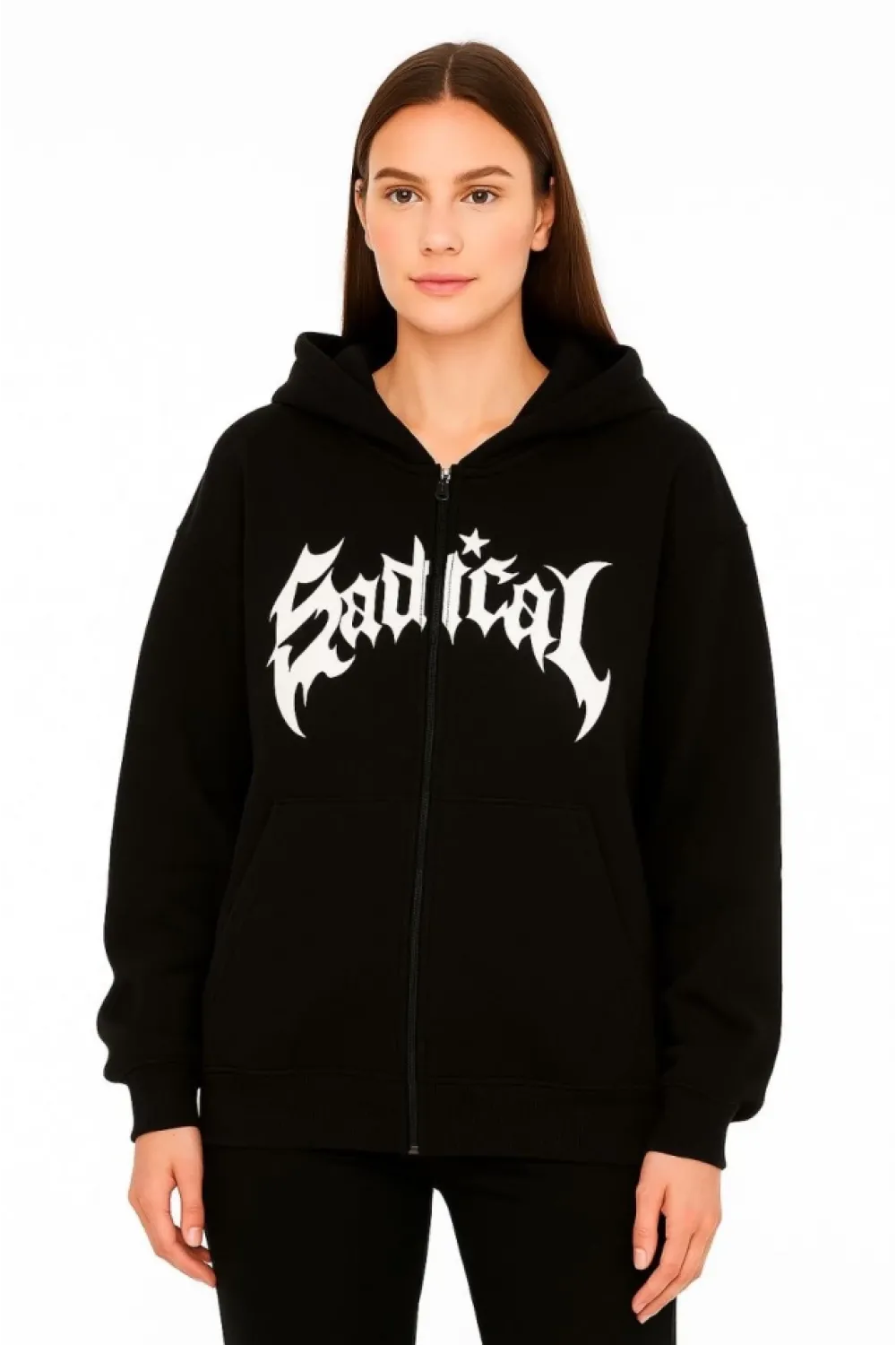 Oversize Kapüşonlu Sweatshirt  Hoodie 3 İplik Şardonlu Pamuklu Kumaş, Önü Baskılı, Fermuarlı Rahat Kalıp, Kışlık Ve Sokak Stili Sweat - Siyah