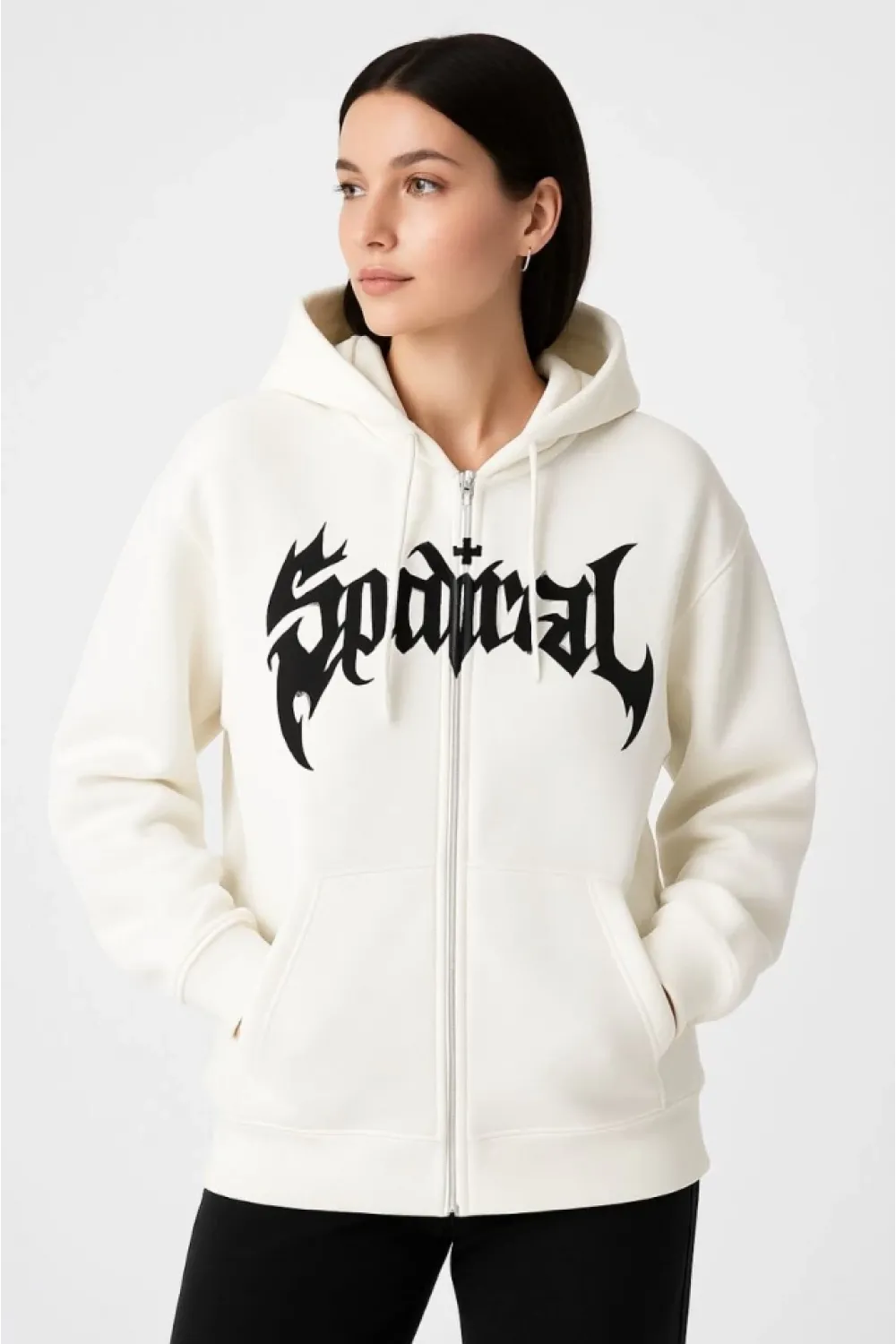 Oversize Kapüşonlu Sweatshirt Hoodie 3 İplik Şardonlu Pamuklu Kumaş, Önü Baskılı, Fermuarlı Rahat Kalıp, Kışlık Ve Sokak Stili Sweat - Beyaz