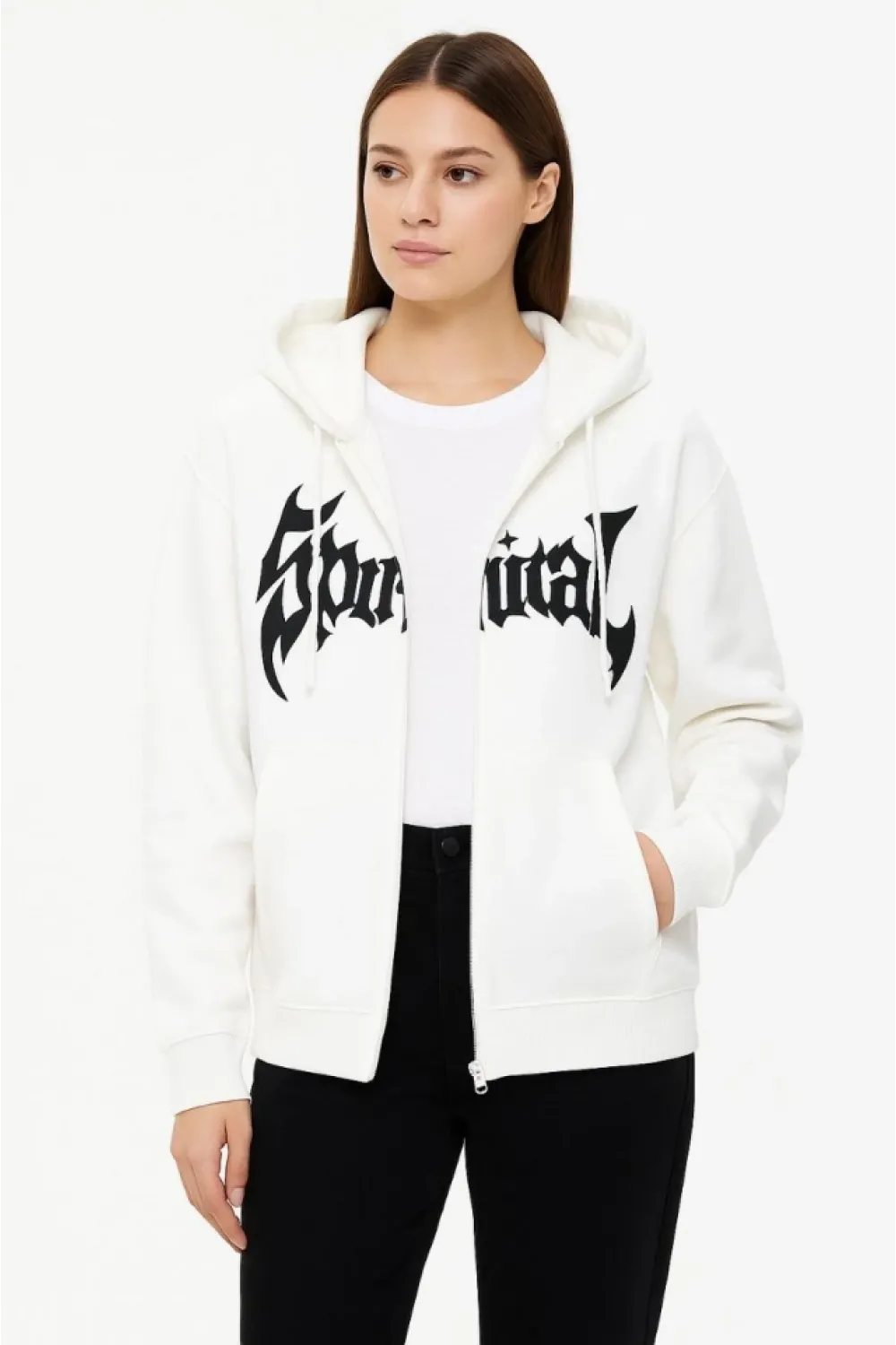Oversize Kapüşonlu Sweatshirt Hoodie 3 İplik Şardonlu Pamuklu Kumaş, Önü Baskılı, Fermuarlı Rahat Kalıp, Kışlık Ve Sokak Stili Sweat - Beyaz