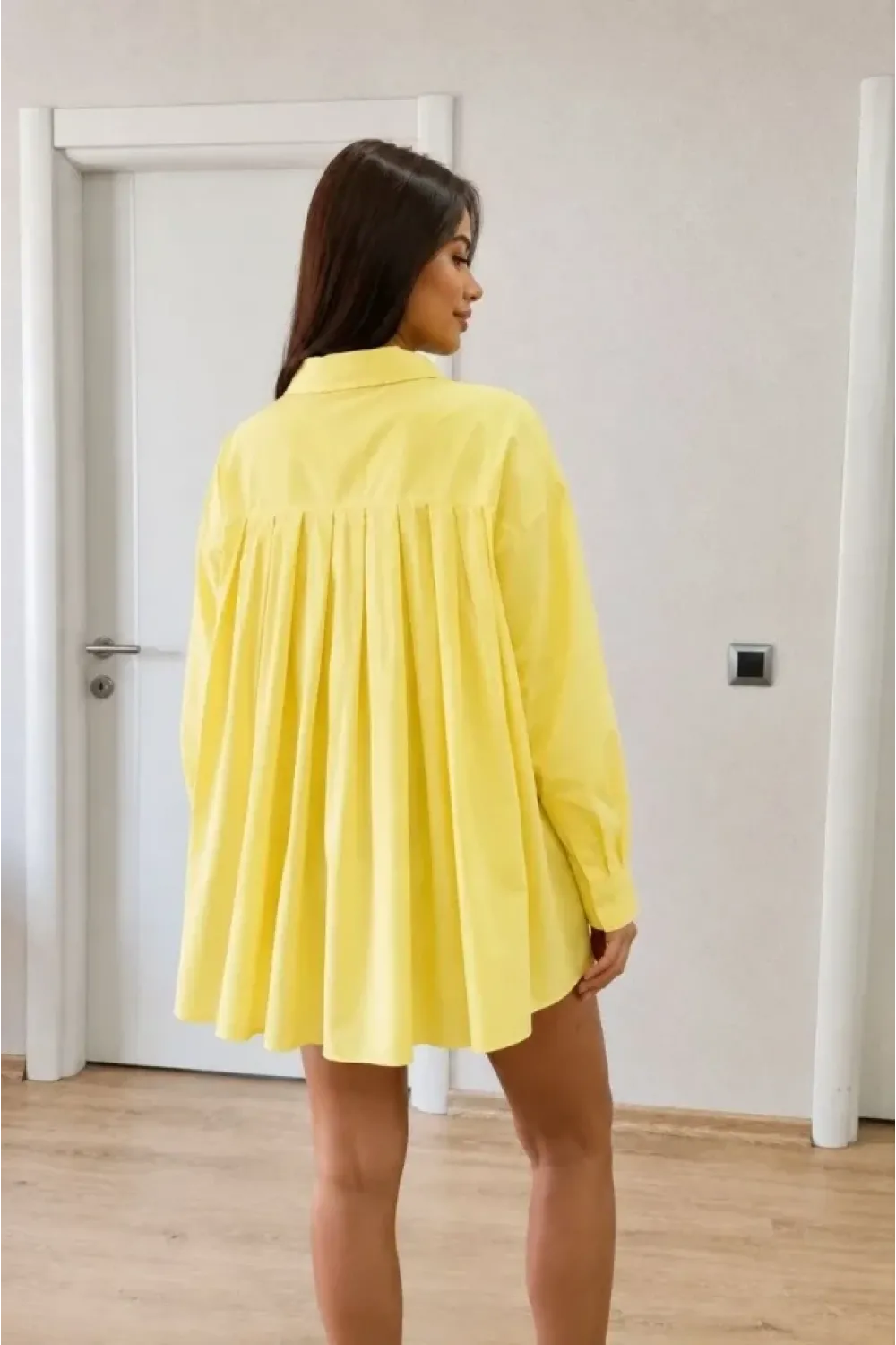 Oversize Pens Detaylı Cepli Yırtmaçlı Rahat Kalıp Poplin Gömlek - Sarı