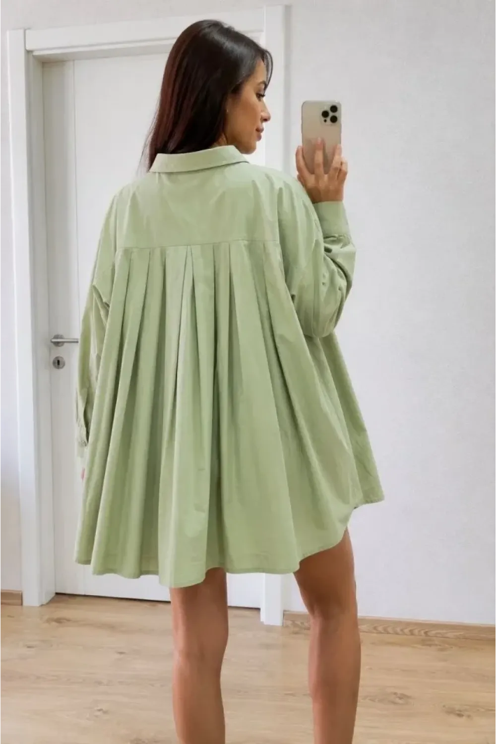 Oversize Pens Detaylı Cepli Yırtmaçlı Rahat Kalıp Poplin Gömlek - Yeşil