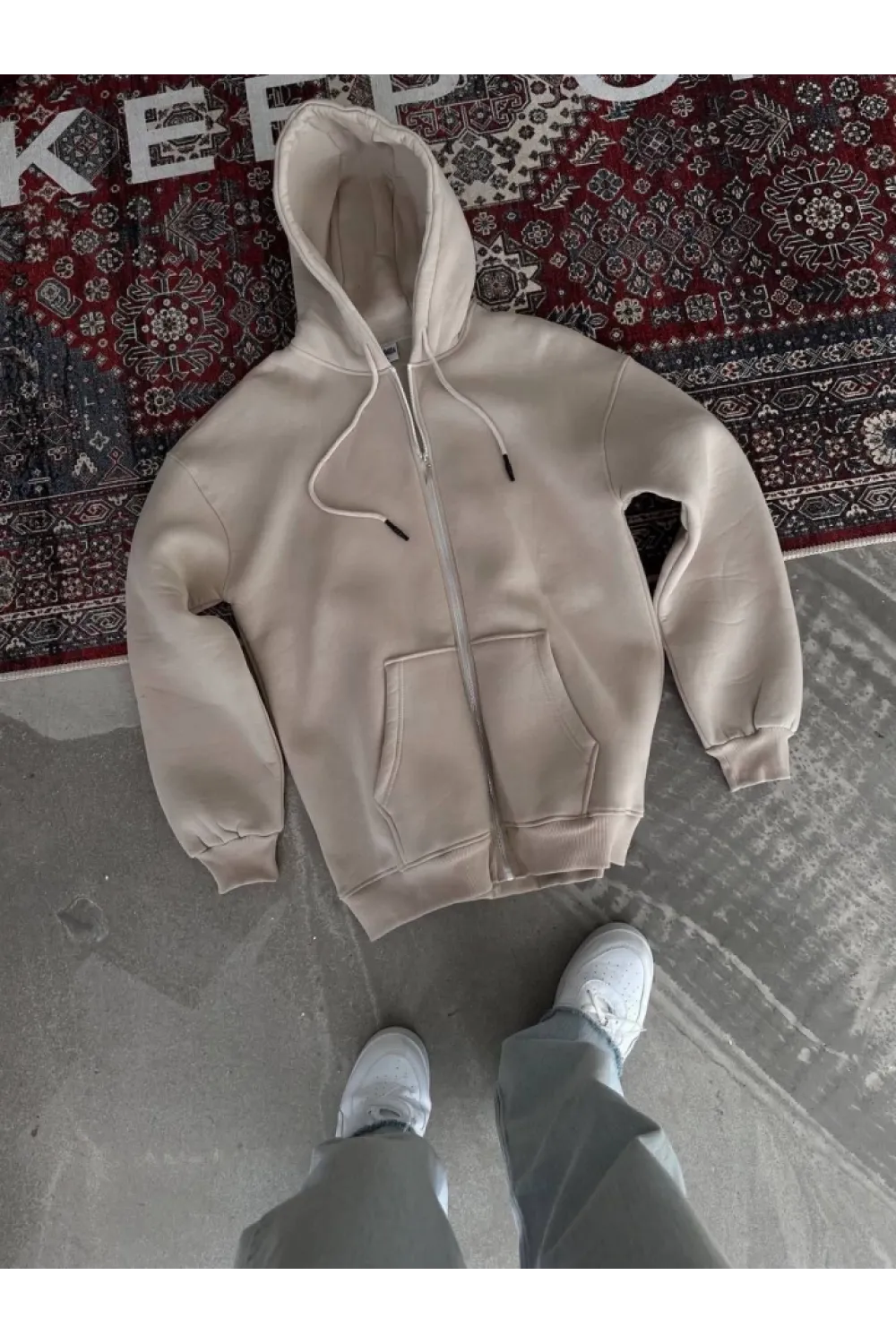 Oversize Tam Fermuarlı Uzun Kol Hırka - Bej