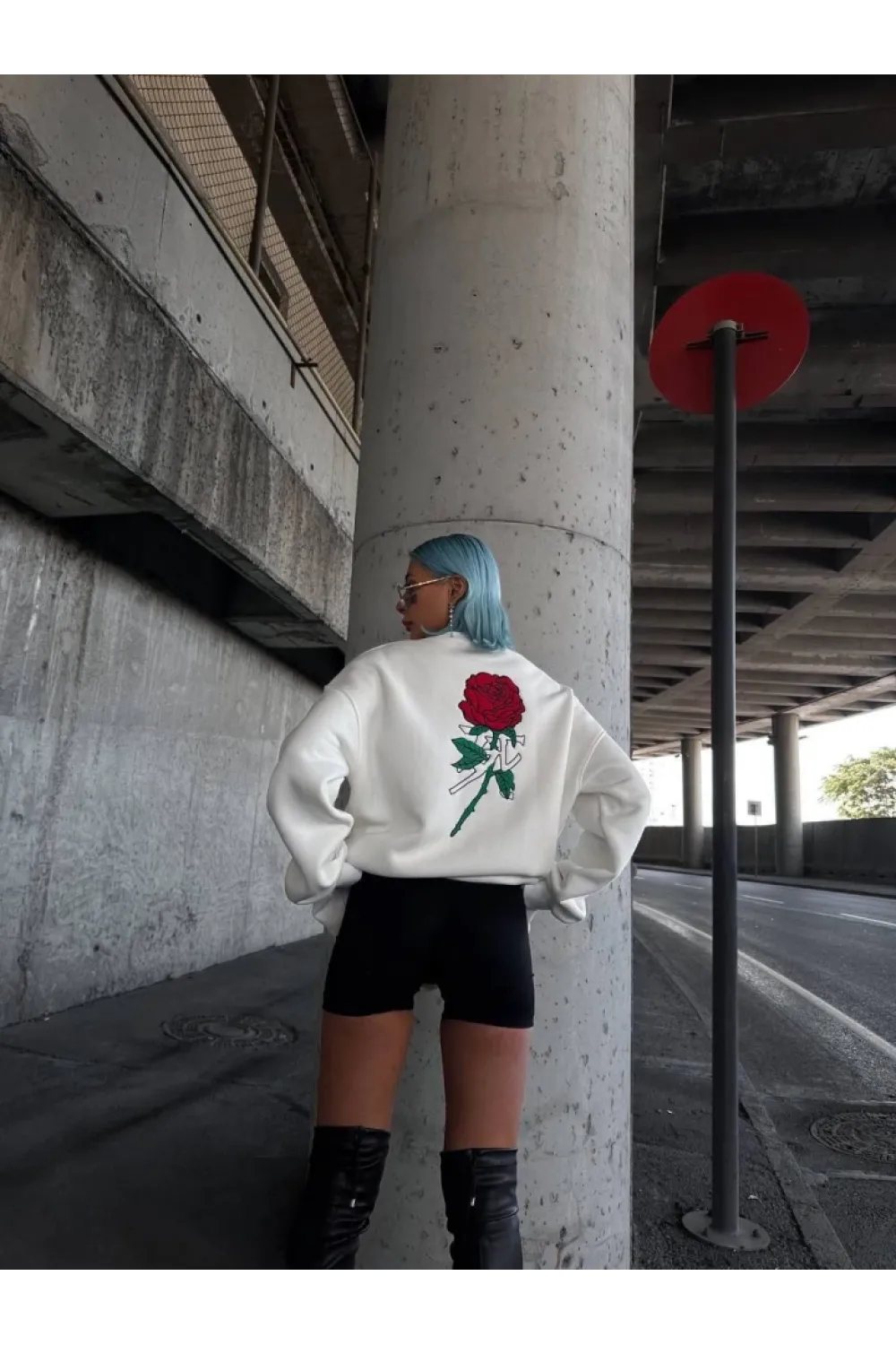 Oversize Üç İplik Bisiklet Yaka Baskılı SweatShirt - Beyaz