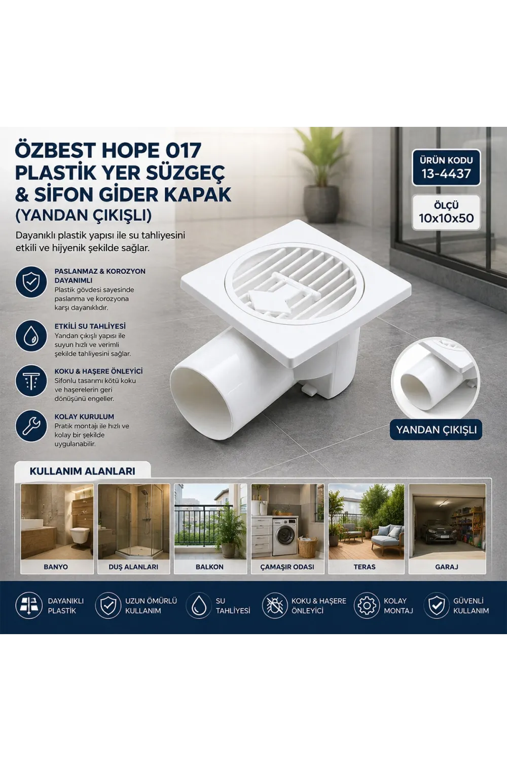 Özbest Hope 017 Plastik Yer Süzgeç & Sifon Gider Kapak ( Yandan ) ( 10x10x50 )*100