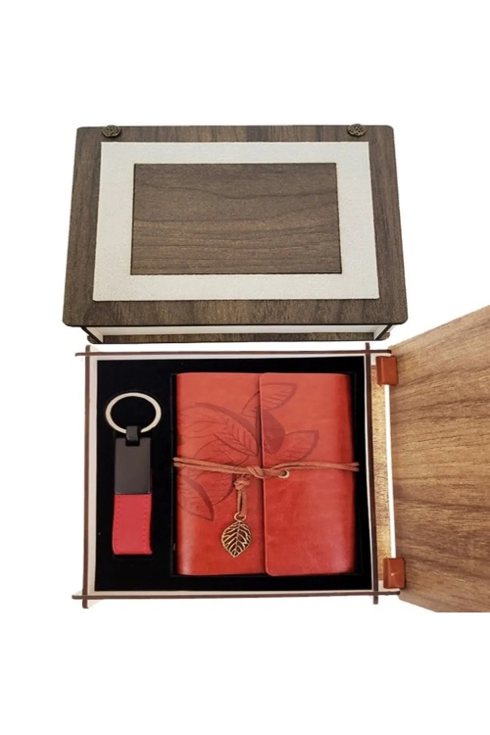 Özel Ahşap Kutulu Kahve Deri Defter ve Anahtarlık Set