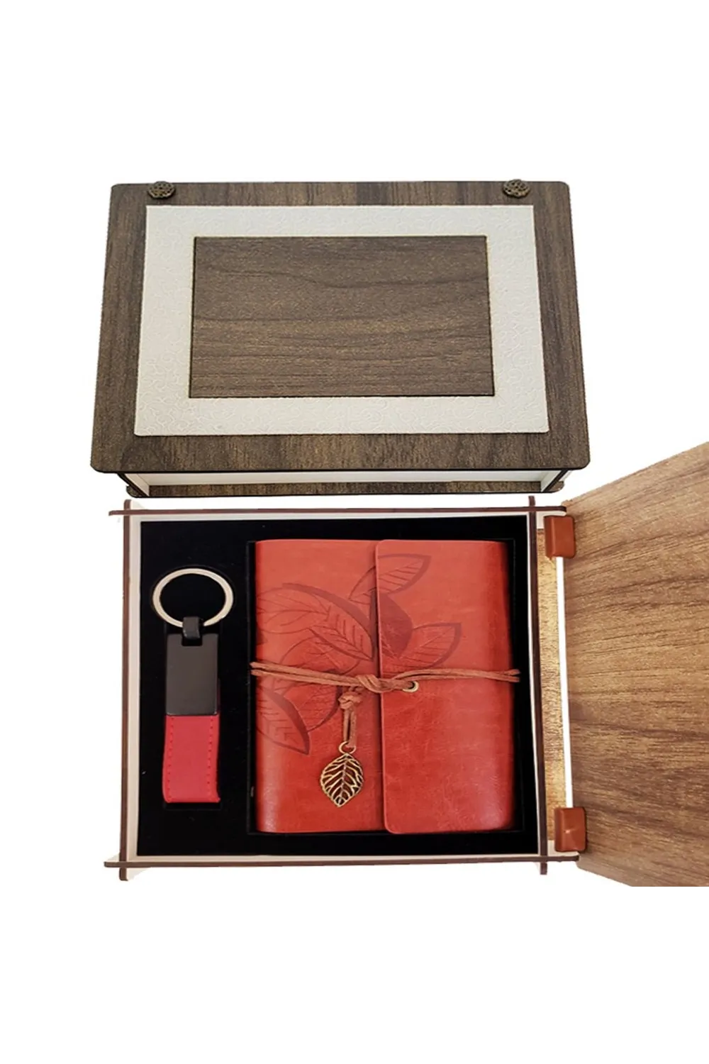 Özel Ahşap Kutulu Kiremit Rengi Deri Defter ve Anahtarlık Set