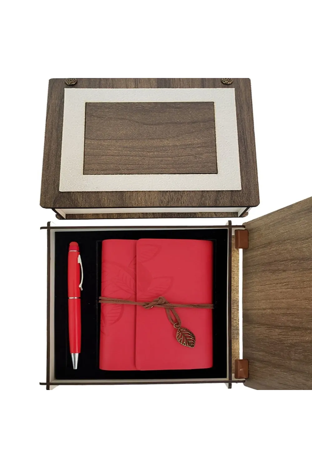 Özel Ahşap Kutulu Kırmızı Deri Defter ve Kalem Set