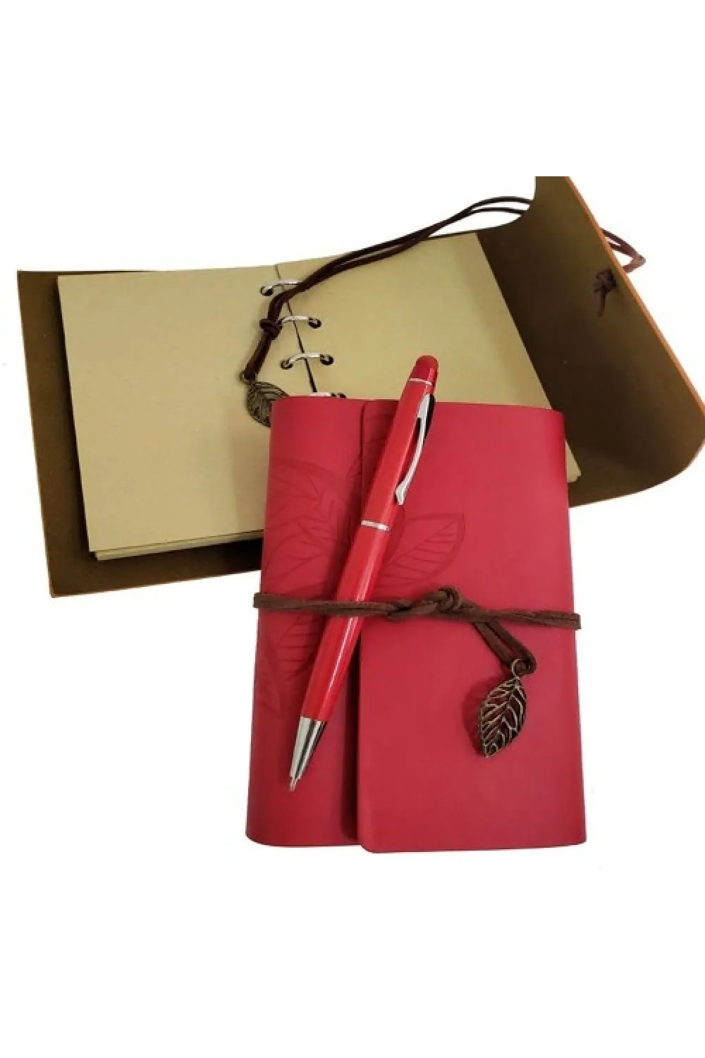 Özel Ahşap Kutulu Kırmızı Deri Defter ve Kalem Set