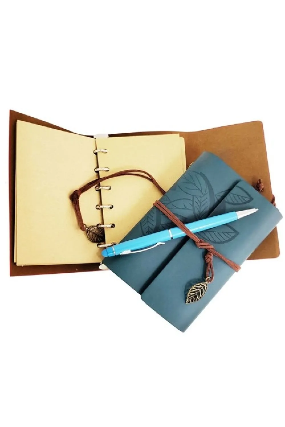 Özel Ahşap Kutulu Mavi Deri Defter ve Kalem Set