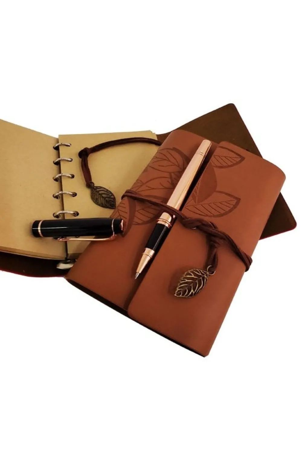 Özel Ahşap Kutulu Taba Deri Defter ve Bakır Roller Kalem Set