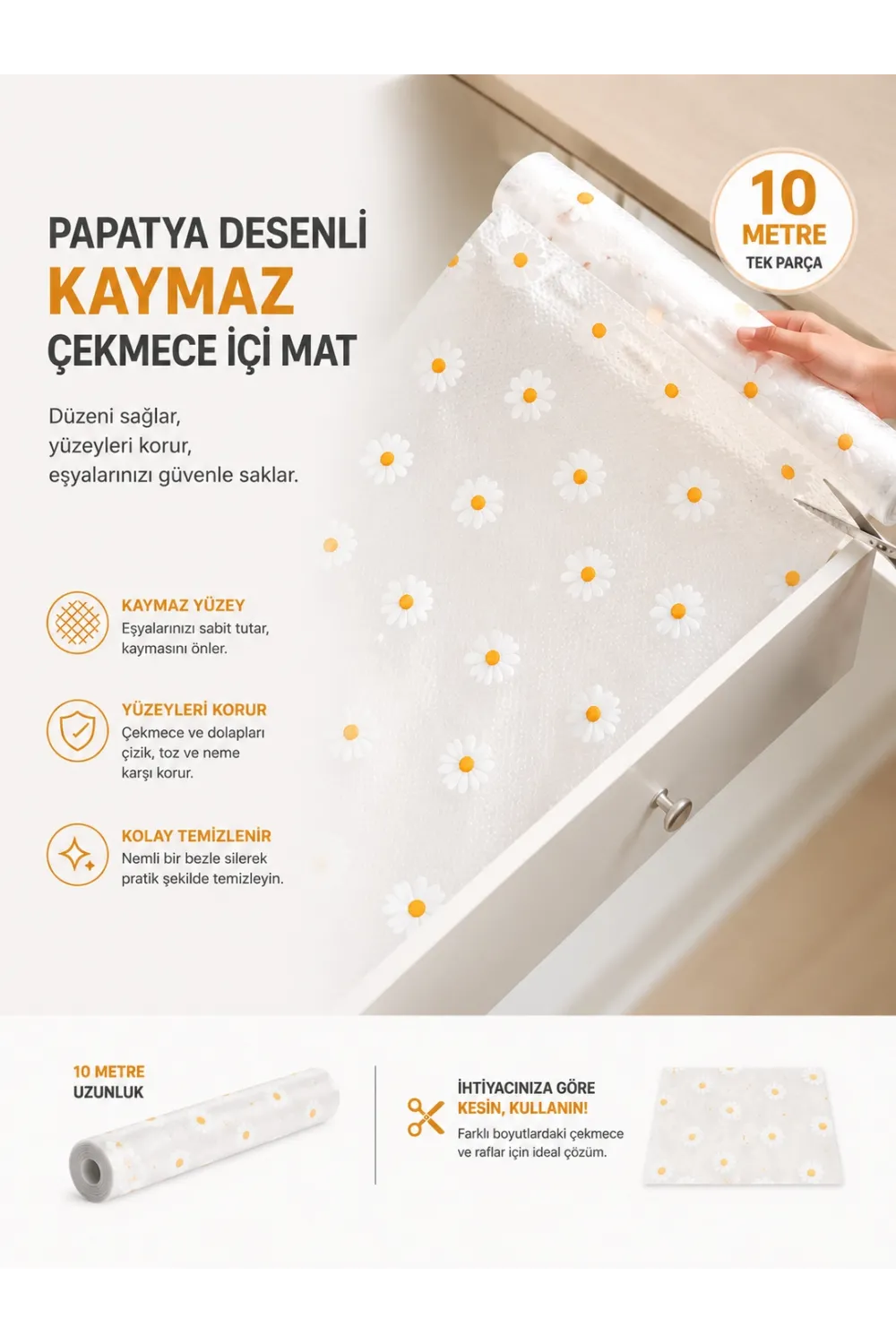 Papatya Desenli Kaymaz Dolap Ve Çekmece İçi Mat 10 Metre