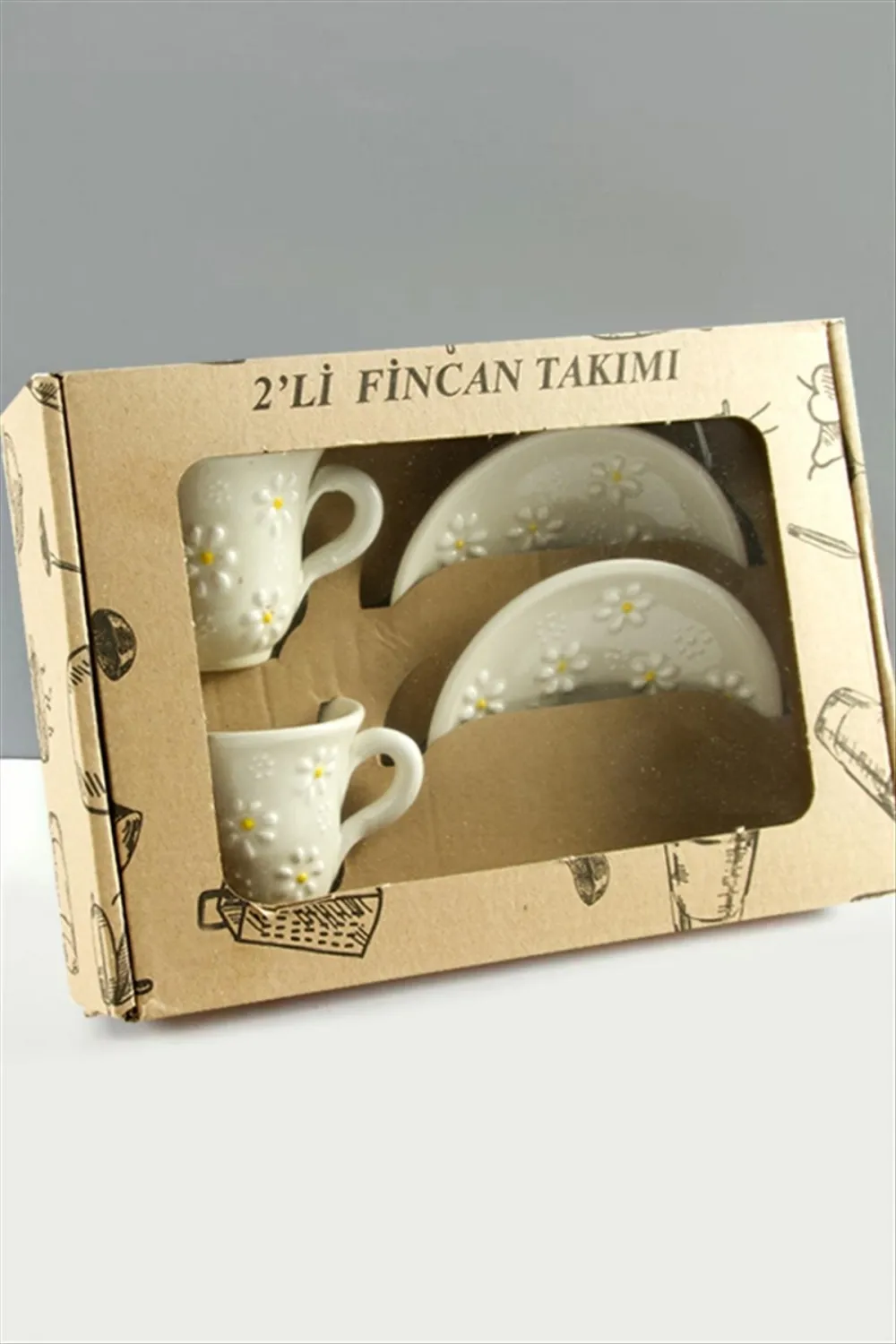Papatya Desenli Seramik İkili Fincan Takımı