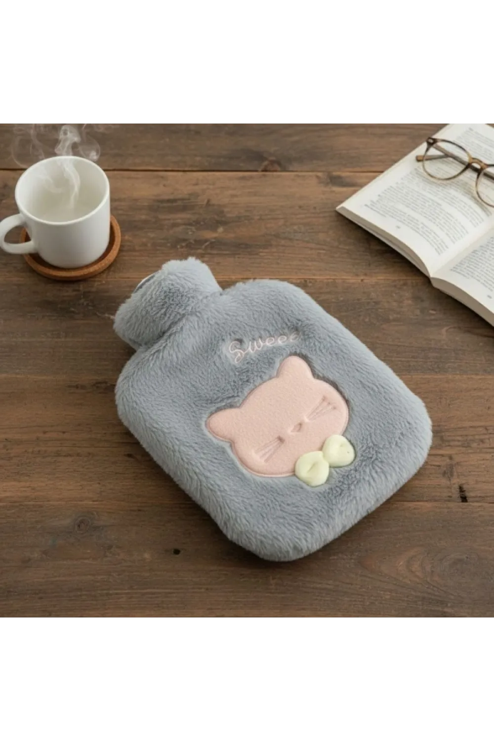 Papyonlu Kedi Figürlü Mavi Peluş Sıcak Su Torbası 1 Litre
