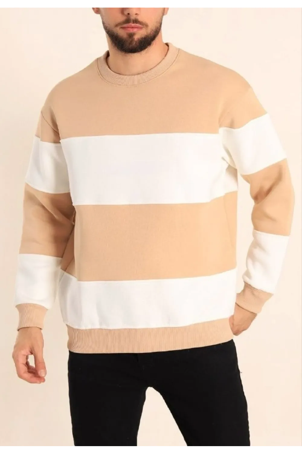 Parçalı Bisiklet Yaka Baskılı SweatShirt - Bej