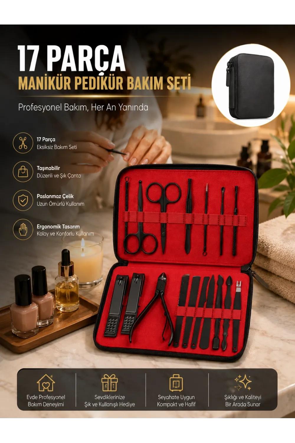 Paslanmaz Çelik 17 Parça Manikür Pedikür Seti Ve Taşınabilir Şık Çanta