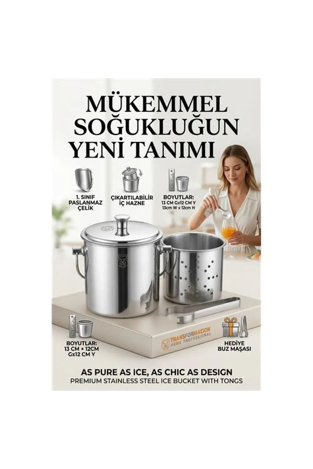 Paslanmaz Inox Parlak Çelik Buz Kovası Seti - Süzgeçli ve Buz Maşası Hediyeli 723145