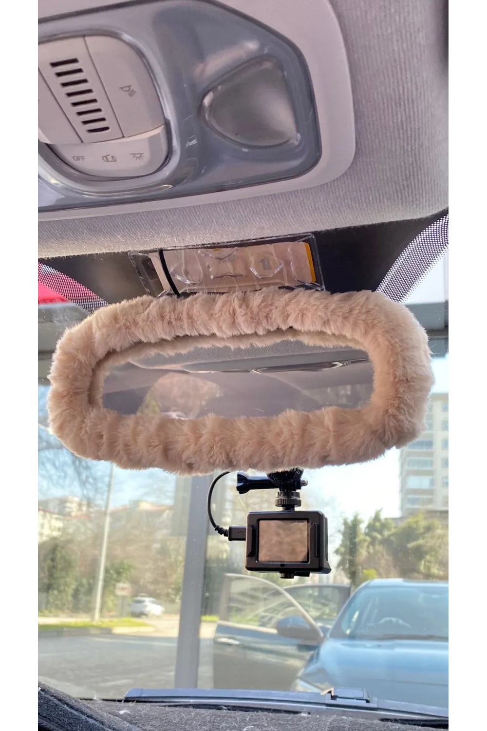 Peluş Dikiz Ayna Kılıfı Süs Bej