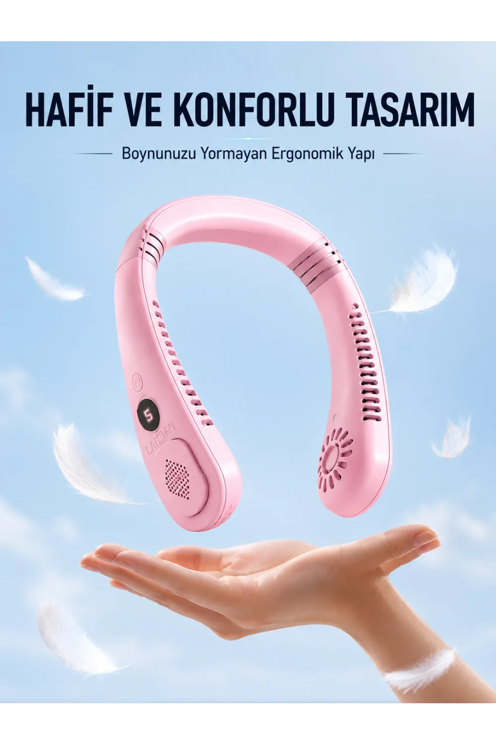 Pembe Boyun Tipi Fan Usb Şarjlı Hafif Tasarım Güçlü Hava Üflemeli Serinletici