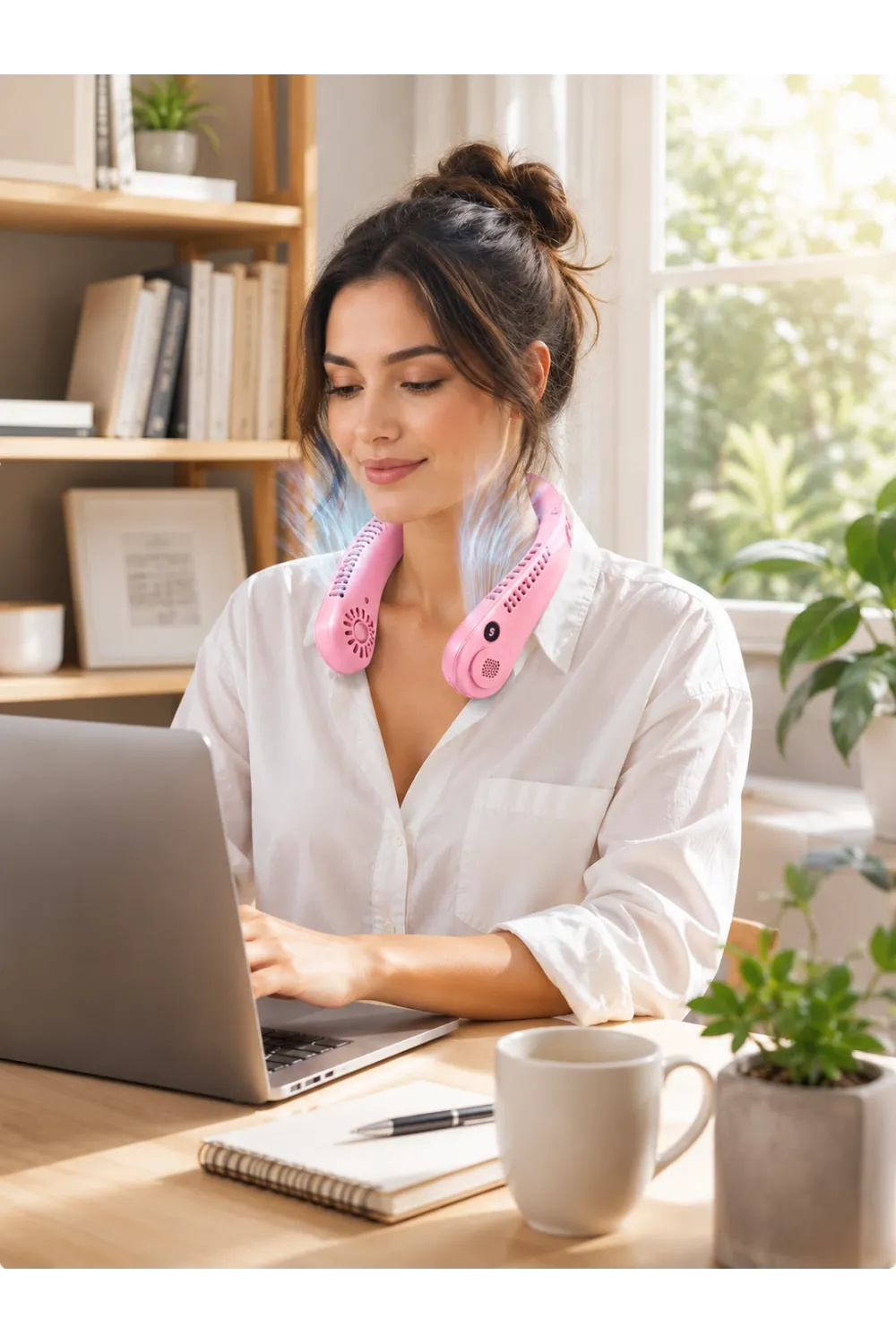 Pembe Boyun Tipi Fan Usb Şarjlı Hafif Tasarım Güçlü Hava Üflemeli Serinletici