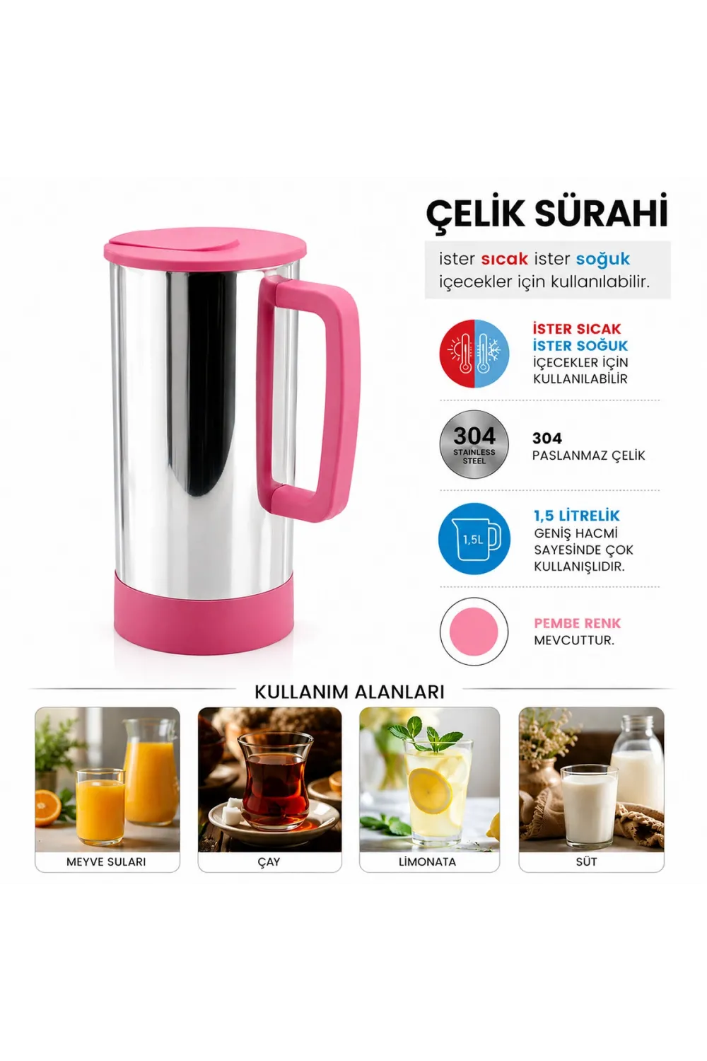 Pembe - Paslanmaz Çelik Sıcak - Soğuk Çelik Sürahi