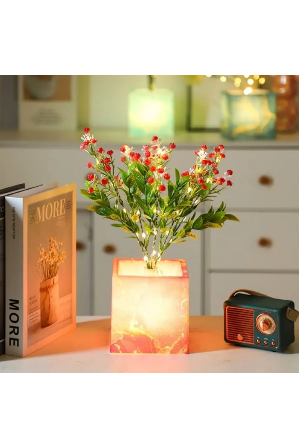 Pembe Saksılı LED Yapay Çiçek