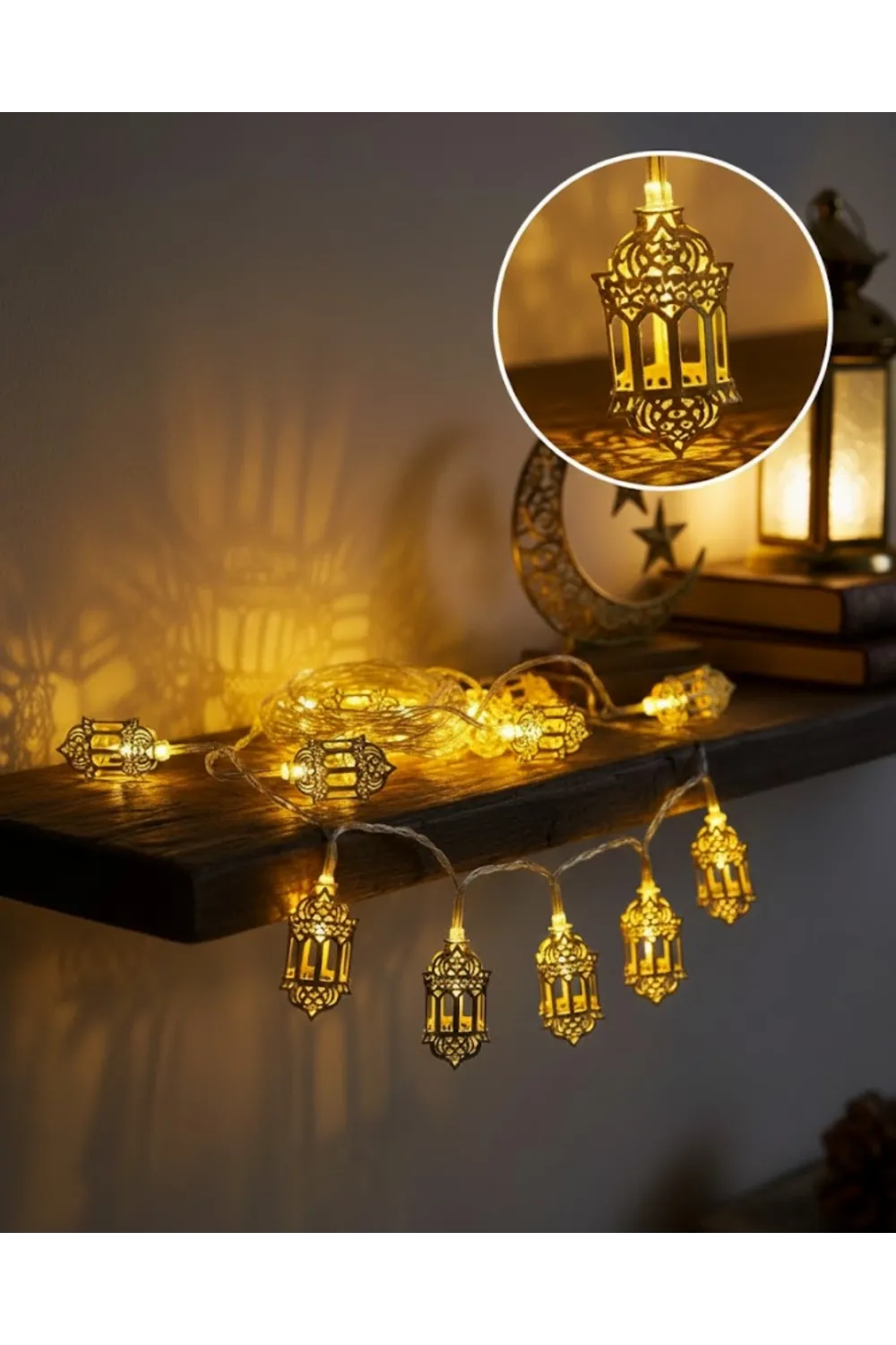 Pilli Ramazan Işıkları Altın Renk Fener Figürlü Led Süsleme
