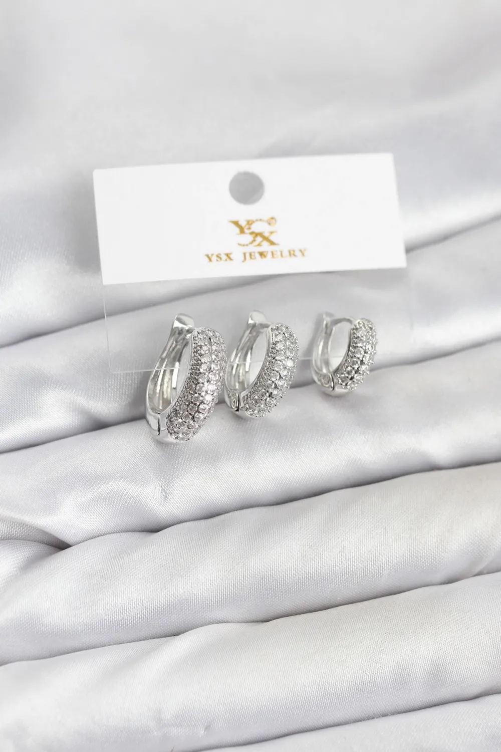 Pirinç Gümüş Renk Zirkon Taşlı Halka Model YSX Trio Küpe Seti