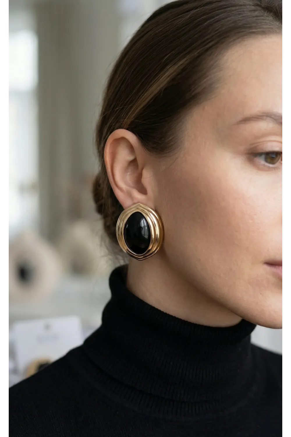 Pirinç Siyah Badem Model Vintage Gold Kadın Küpe