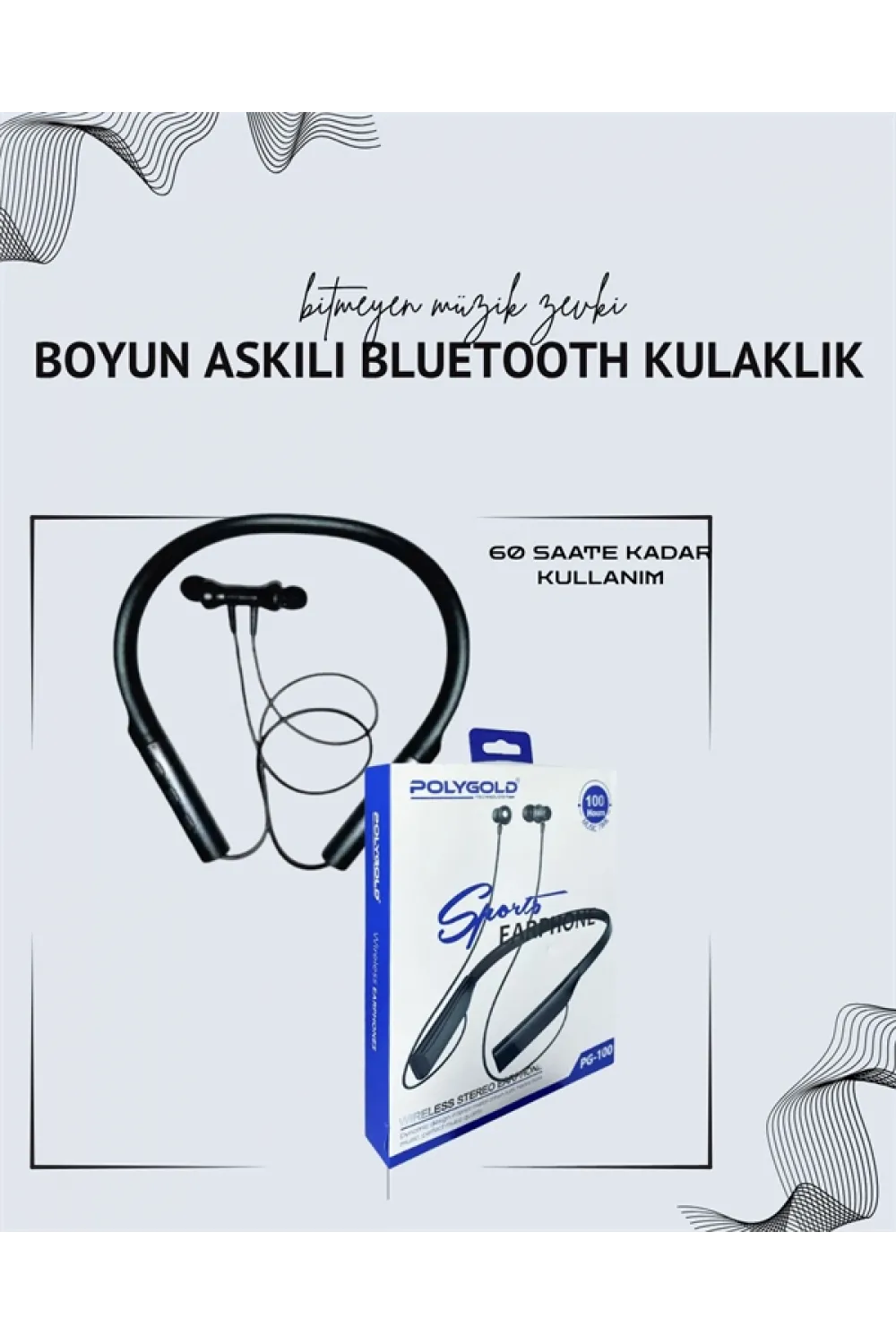 Polygold Pg-100 Boyun Askılı Kablosuz Kulaklık – 200 Saat Bekleme Süresi, Stereo Ses, Mikrofonlu