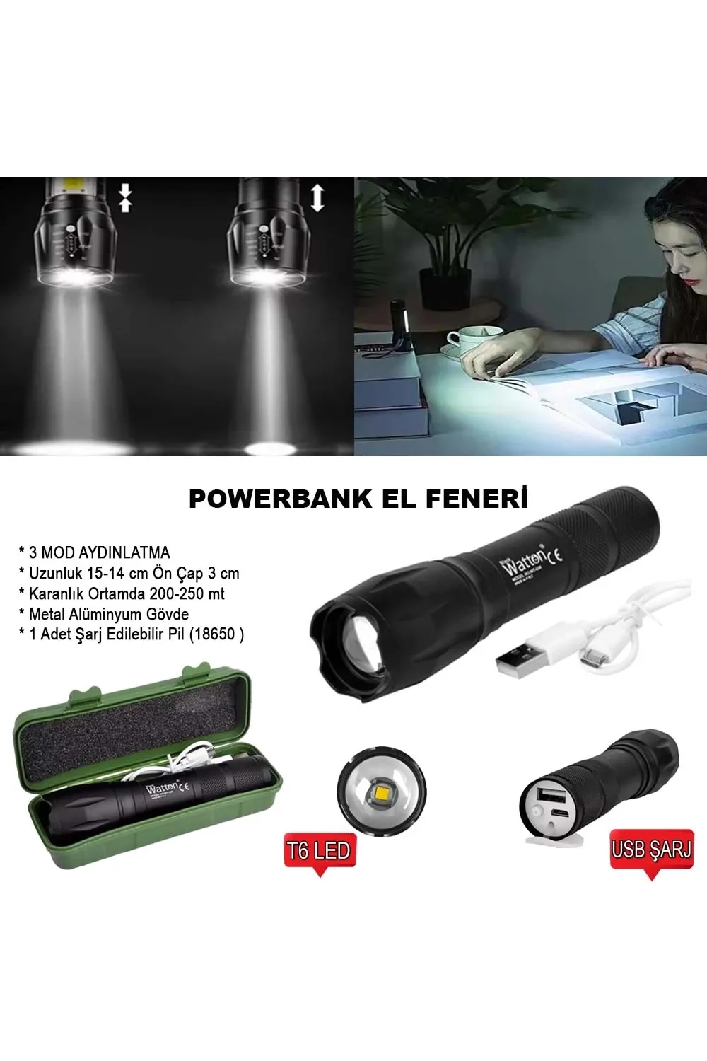 Powerbank Özellikli Uzun Menzilli El Feneri  Wt-039