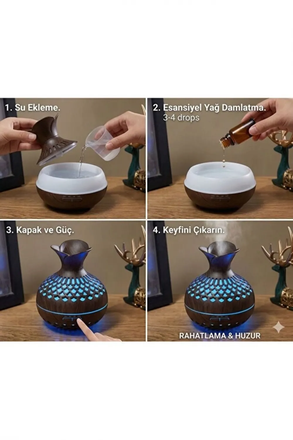 Premium Ahşap Desenli Ultrasonik Aromaterapi Difüzör & Hava Nemlendirici
