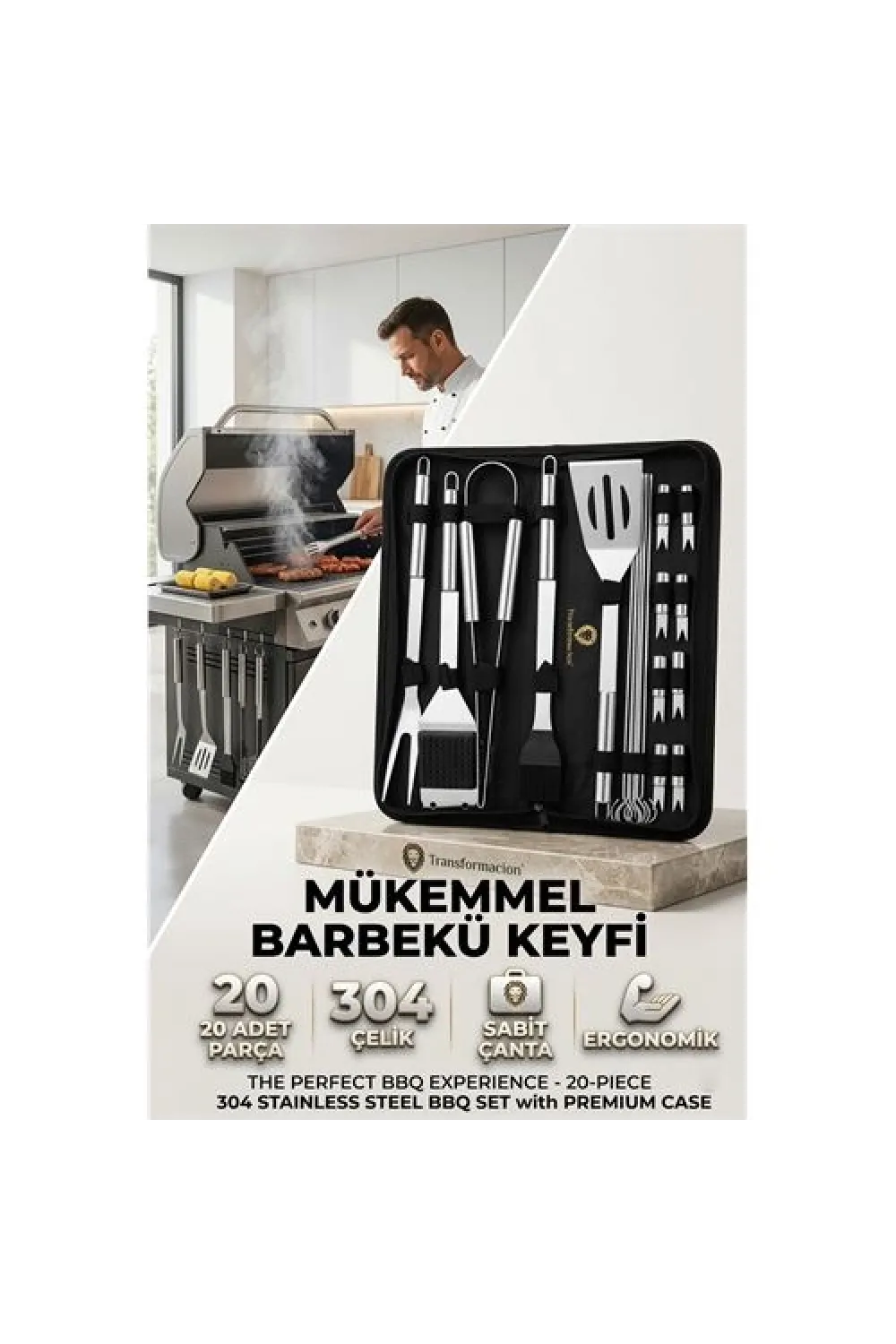 Profesyonel Barbekü Seti 20 Parça Çantalı Paslanmaz Çelik Mangal Maşa Spatula Fırça Şiş 723132