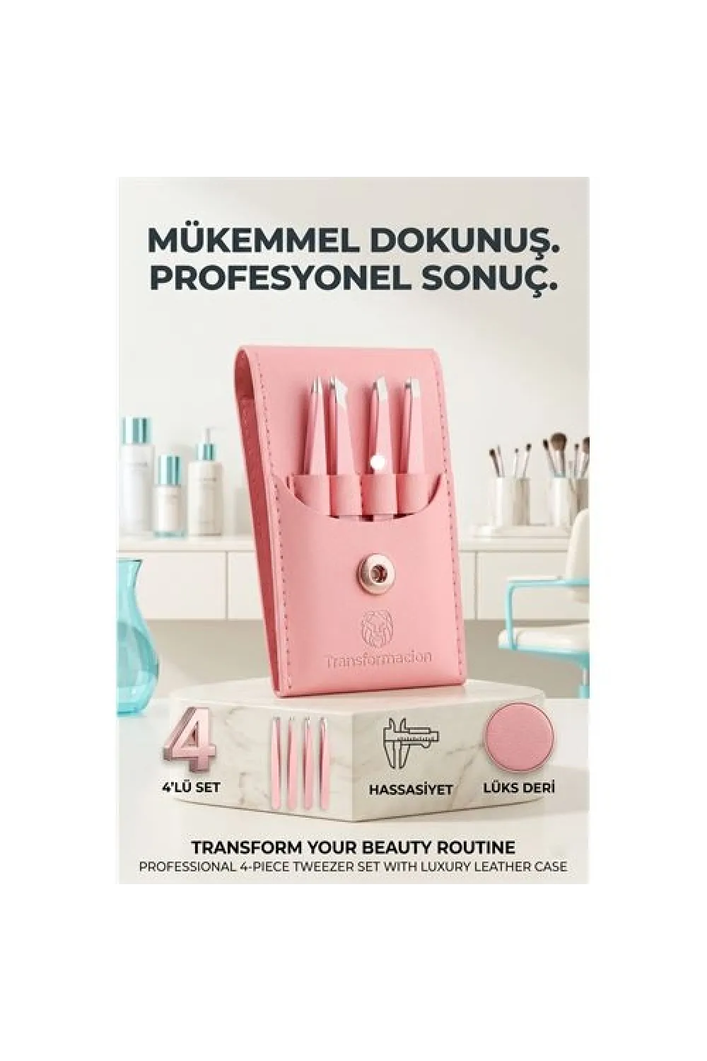 Profesyonel Kaş Alma Cımbız Seti - 4lü Paslanmaz Çelik ve Özel Deri Taşıma Çantalı 723129