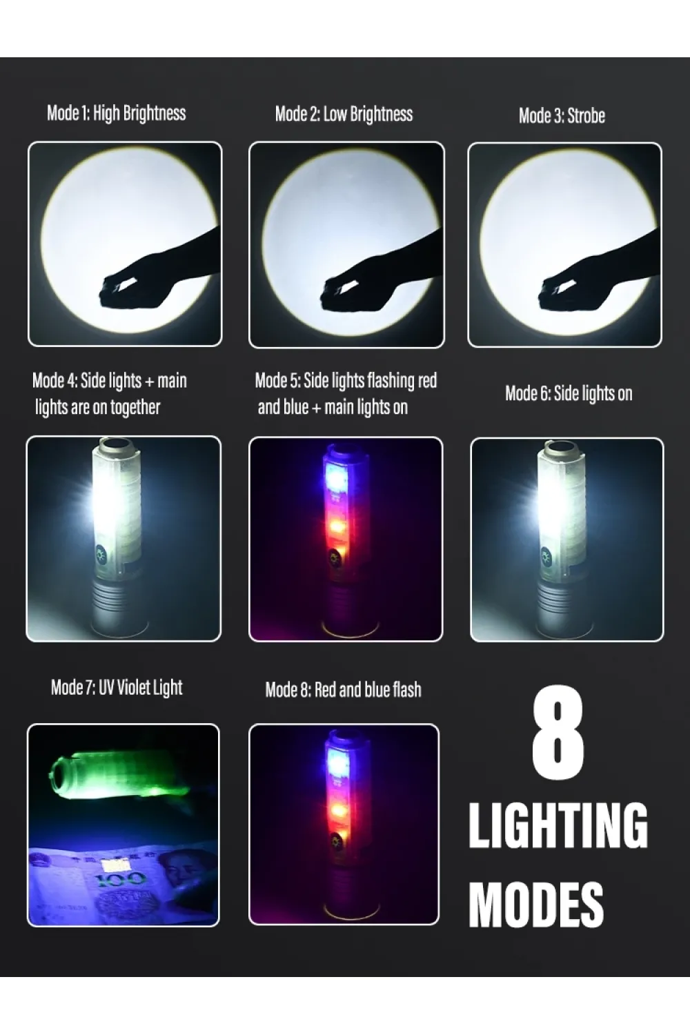 Profesyonel Tg Led Güçlü 8 Modlu Type-c 1000 Lümen Polis Çakarlı Şarjlı El Feneri