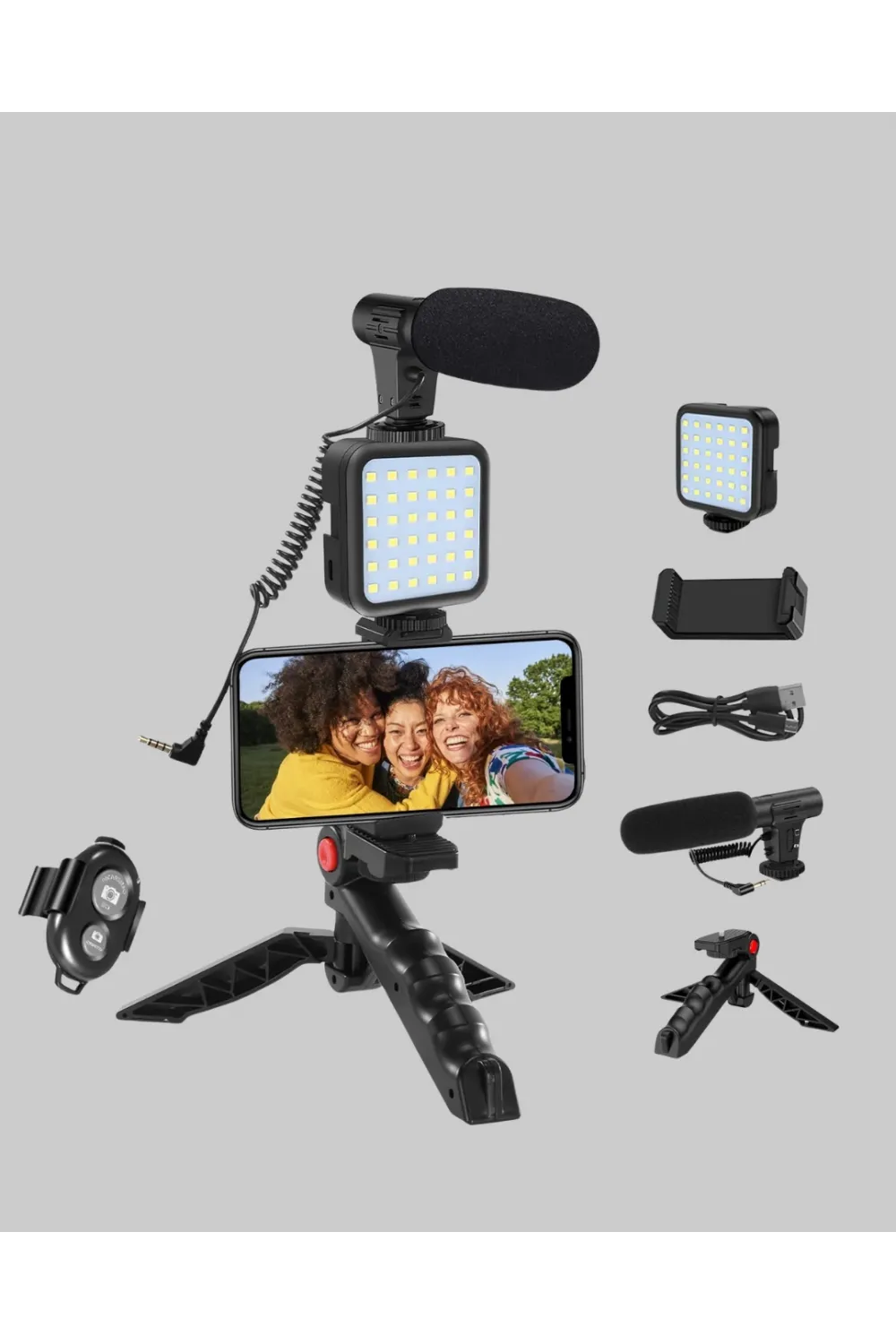 Profesyonel Vlog Çekim Kiti Led Işıklı Tripod Mikrofonlu Telefon Seti
