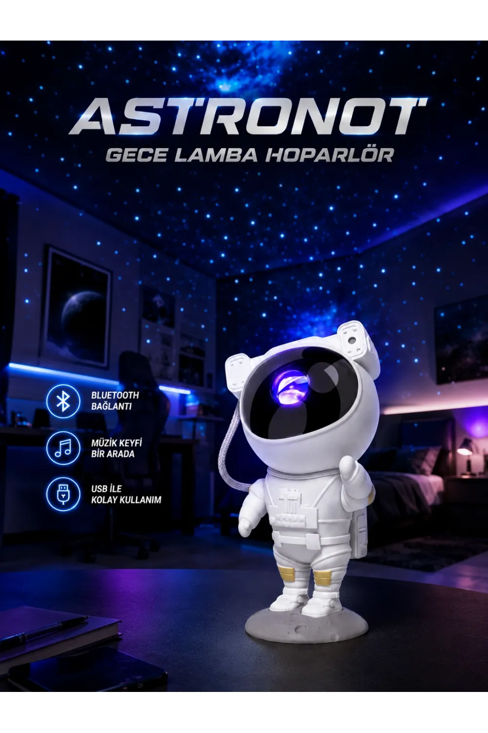 Projeksiyon Astronot Lamba Speaker Sevimli Astronot Bluetooth Hoparlör Yeni Nesil
