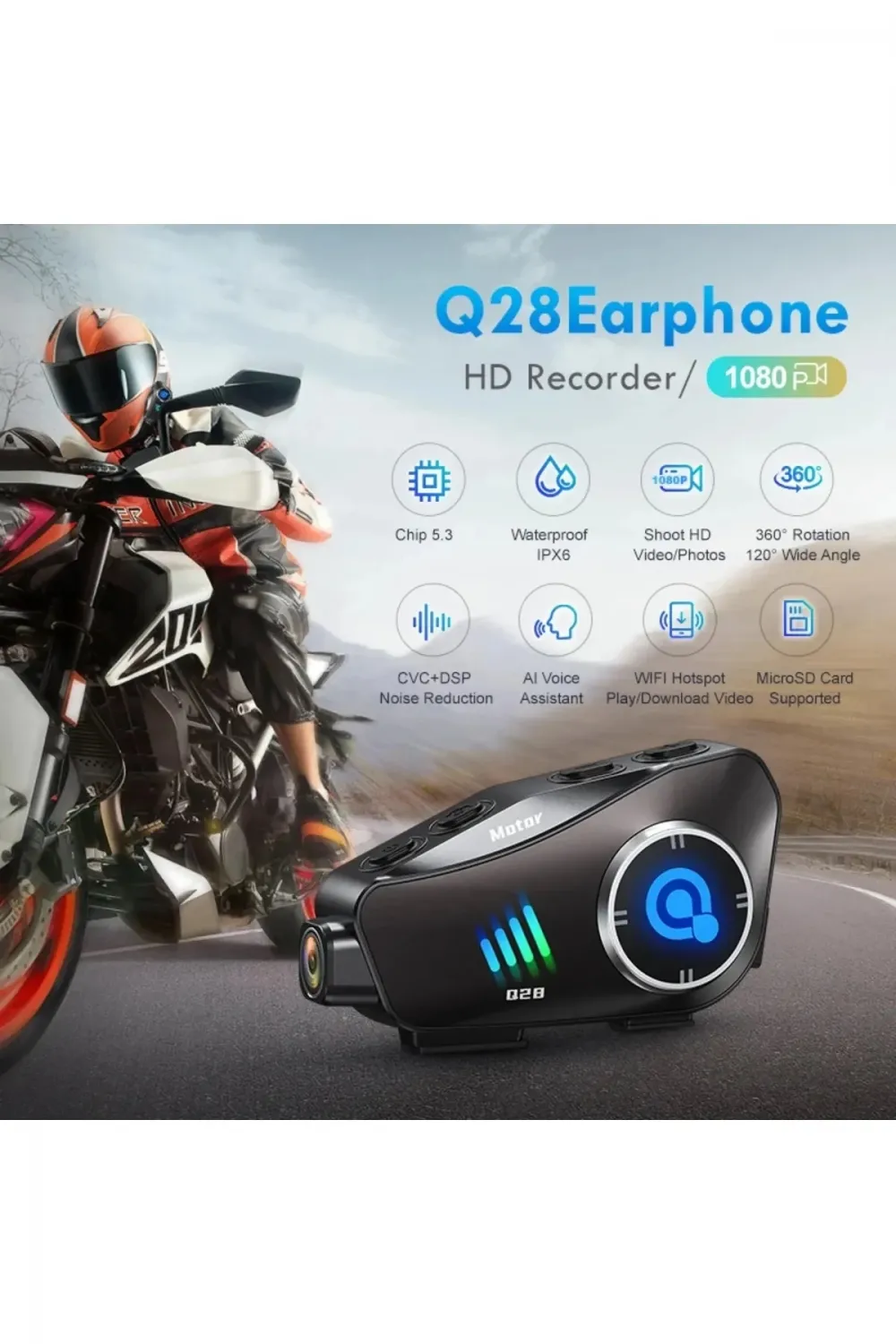Q28 Motosiklet Kask Bluetooth Kulaklık 1080p Kamera Interkom Kulaklık Su Geçirmez Intercom