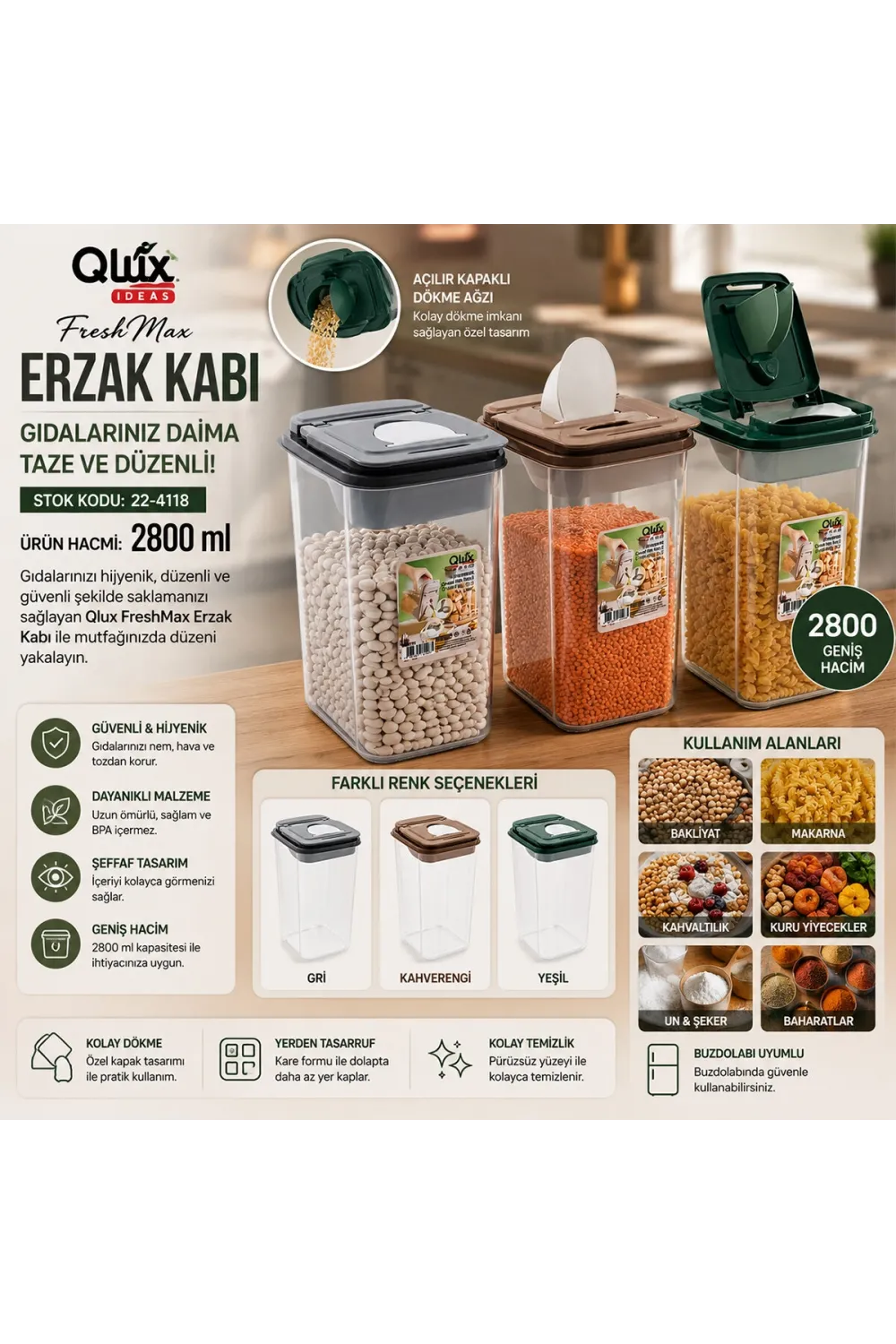 Qlux L-00993 ( No 3 ) ( Renkli ) Freshmax Erzak Kabı ( Şeffaf Pls.kap ) ( 2800ml )*18=k