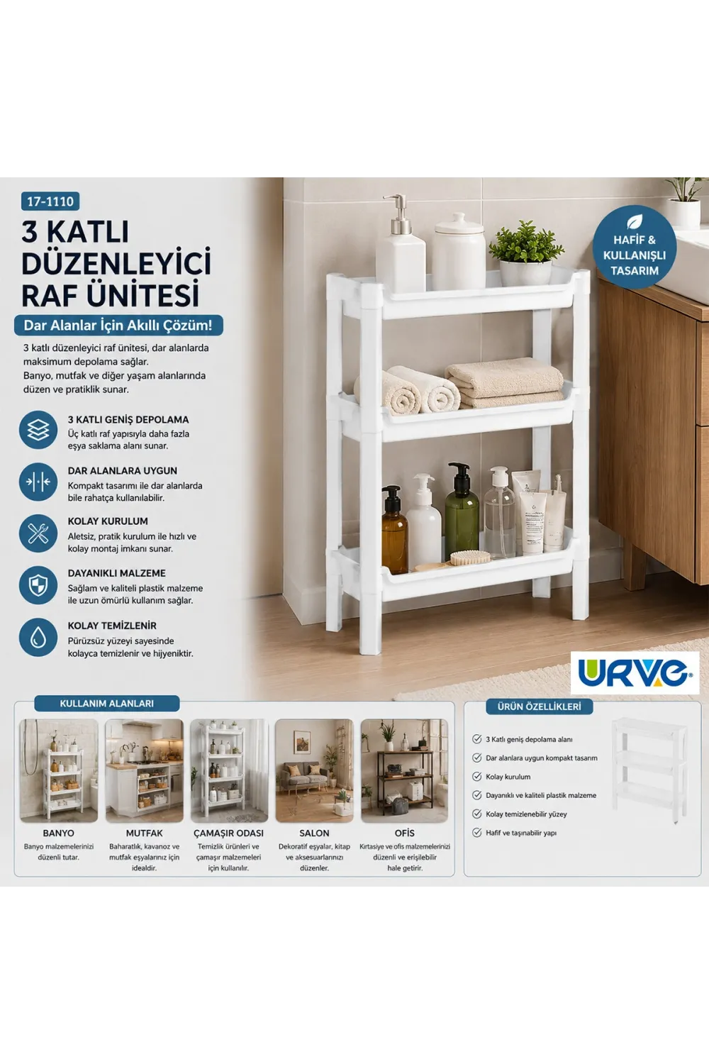 Rafty 3 Katlı Sepet Organizer Düzenleyici Raf Ünitesi 465x145x500mm