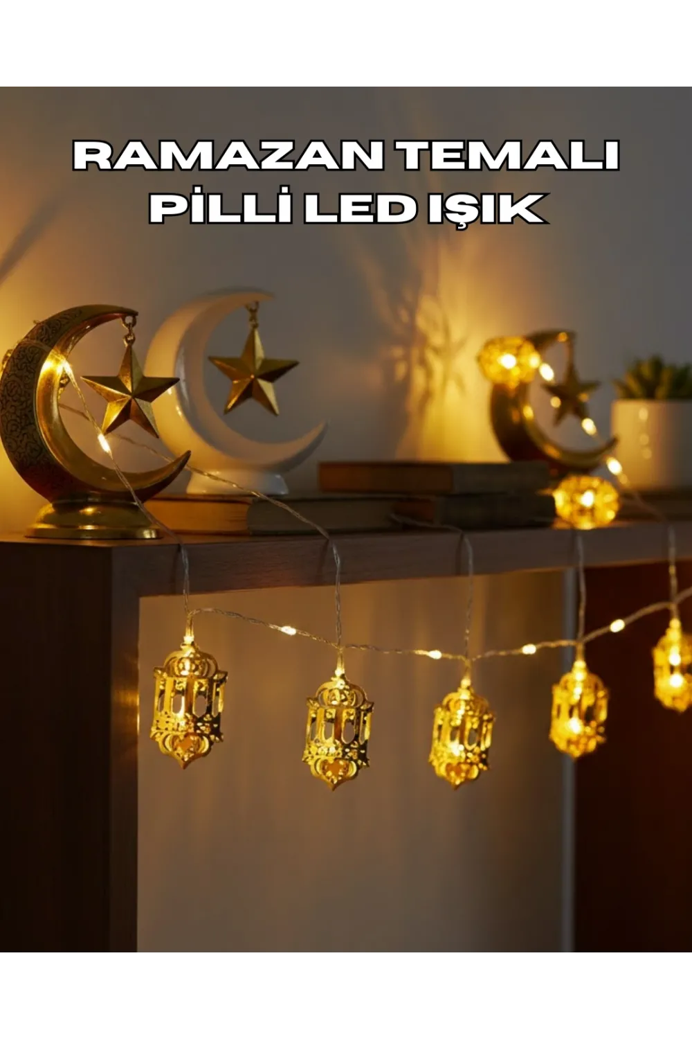 Ramazan Dekoru İçin Pilli Led Işık Altın Fener Tasarımlı