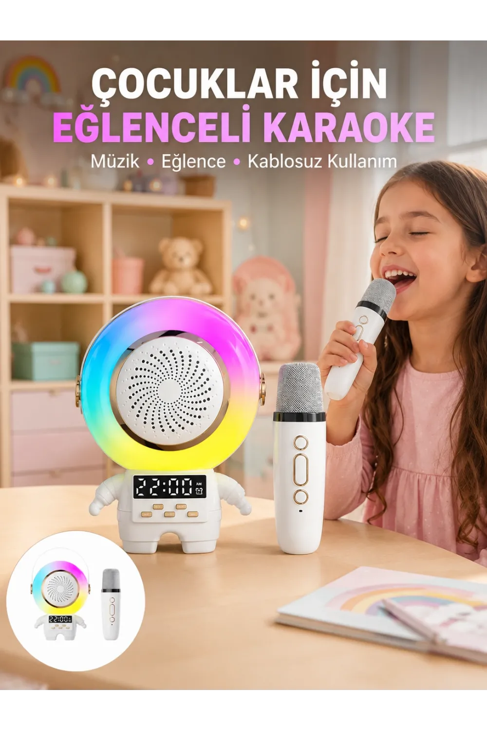 Renkli Işıklı Astronot Mini Bluetooth Speaker Ve Karaoke Mikrofon