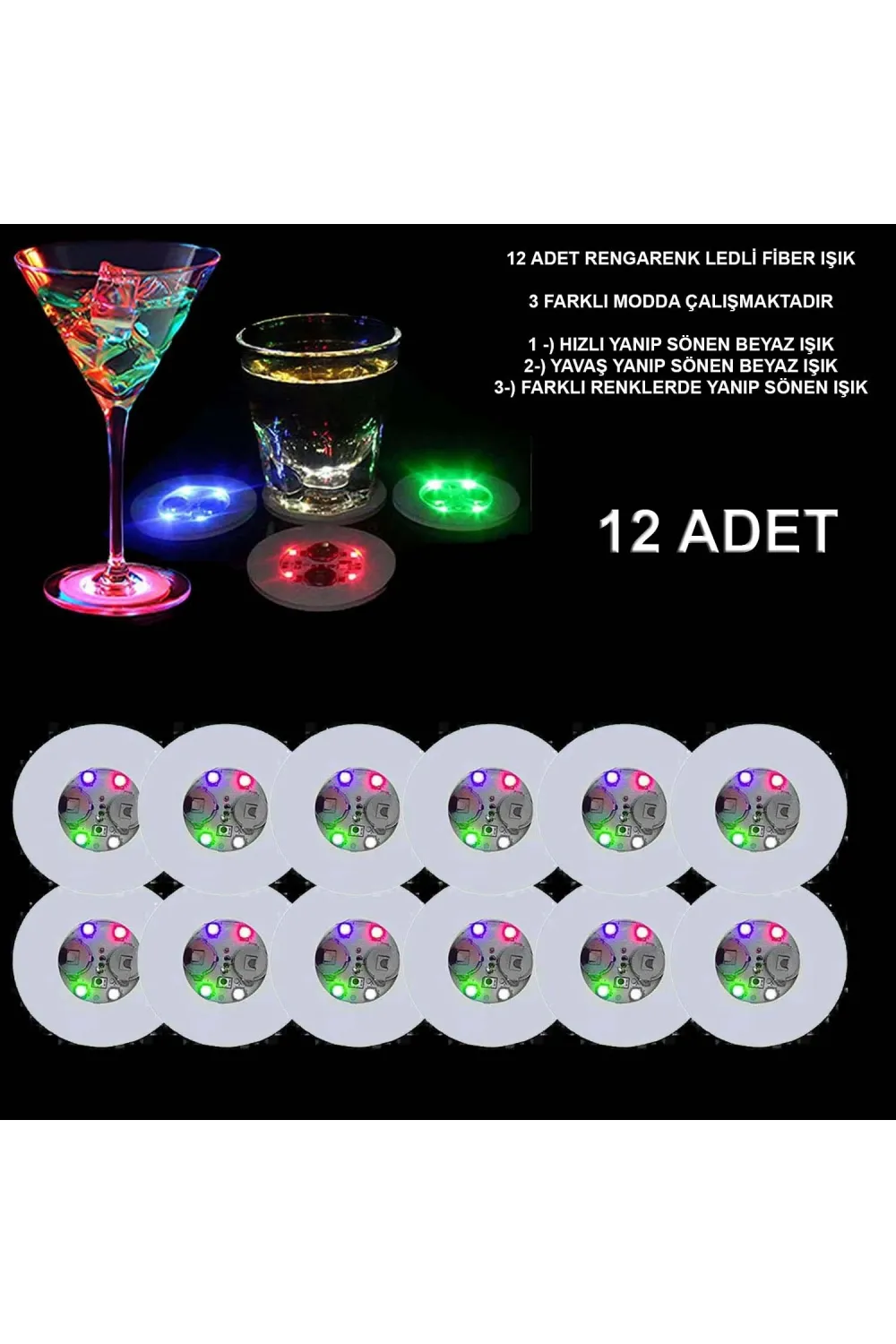 Renkli Led Işıklı Bardak Altlığı - Dekoratif (12 Adet, Pilli)