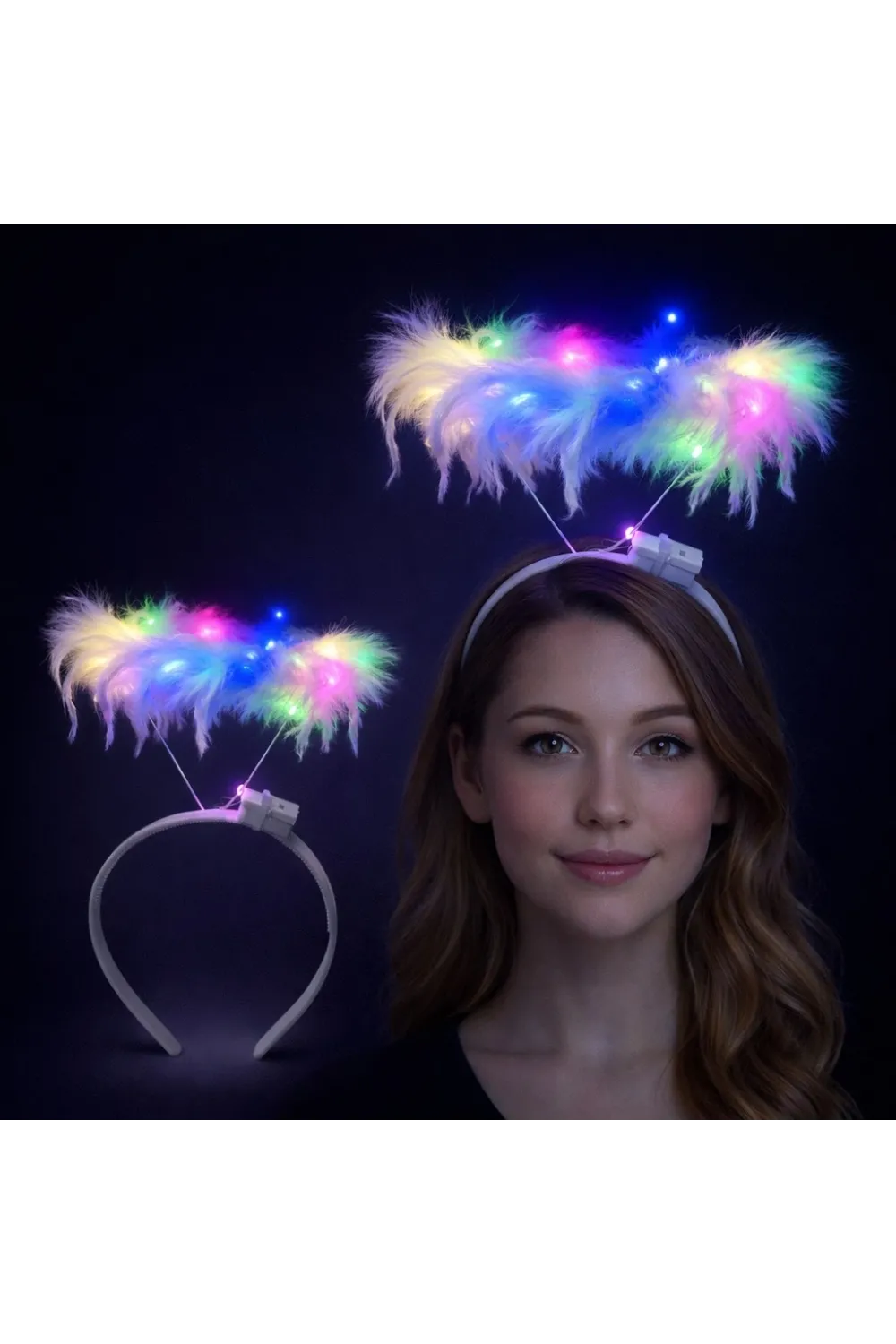 Renkli Led Işıklı Beyaz Tüylü Püsküllü Parti Tacı