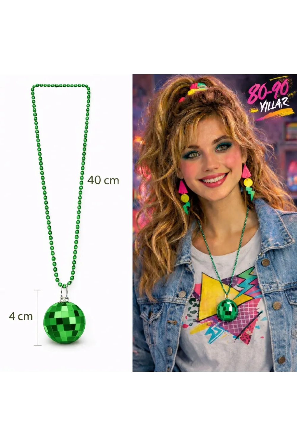 Retro Disko Topu Şekilli 80'ler 90'lar Yeşil Renk Plastik Kolye