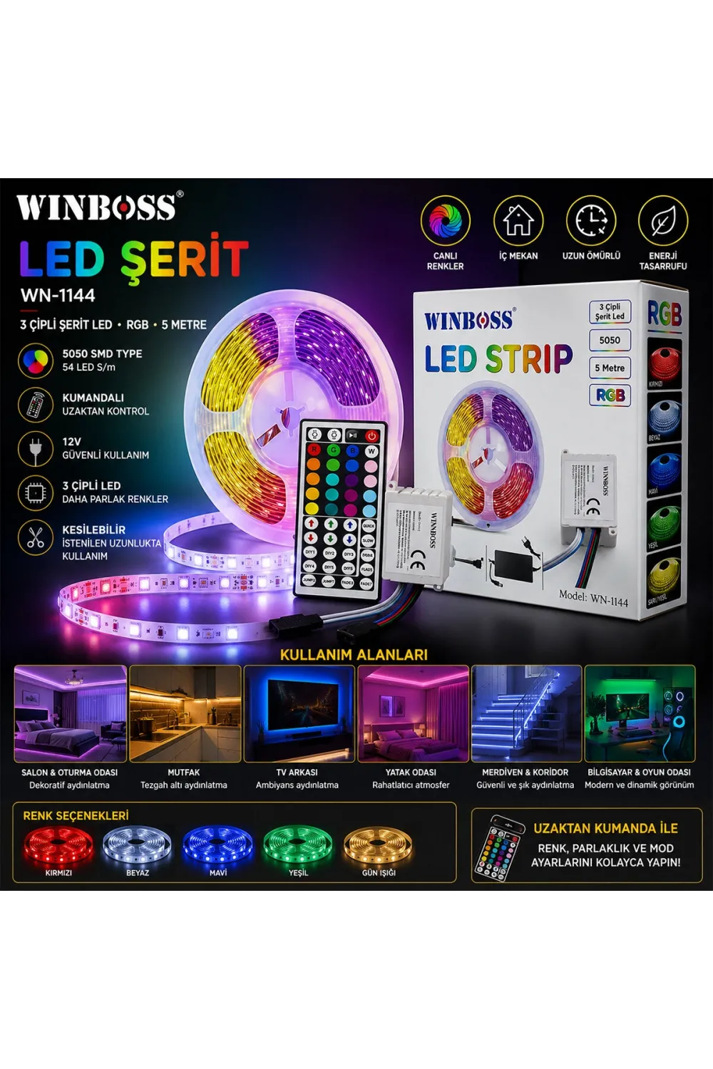 Rgb 3çip Kumandalı Şerit Led 5mt