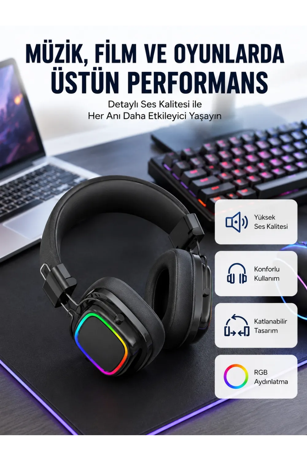 Rgb Işıklı Katlanabilir Bluetooth 5.3 Kulak Üstü Kulaklık